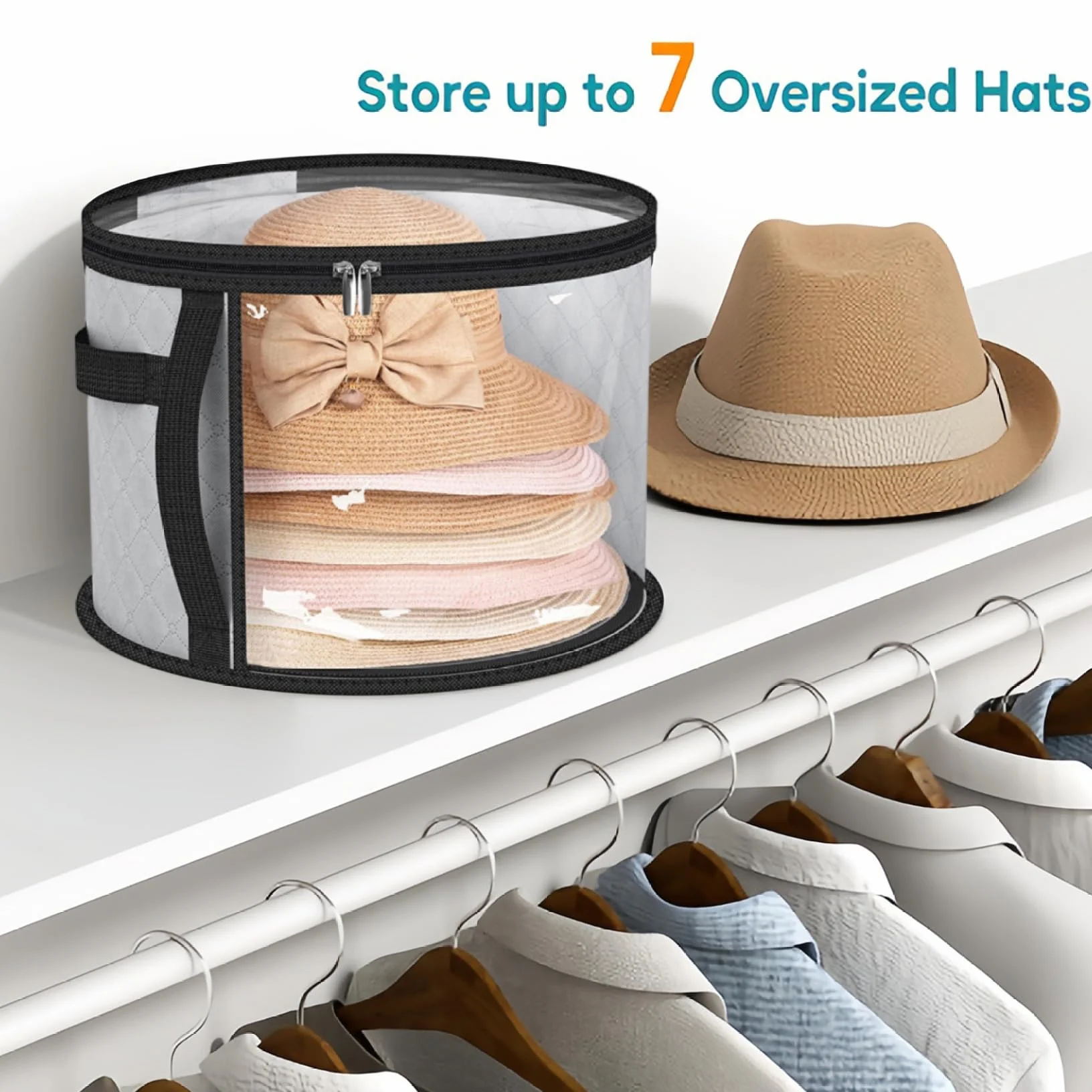 Cappelliera, Scatola per cappelli trasparente di grandi dimensioni con cerniera per riporre le donne, Organizer per cappelli con maniglia portatile per l'organizzazione dei viaggi e dell'armadio, G