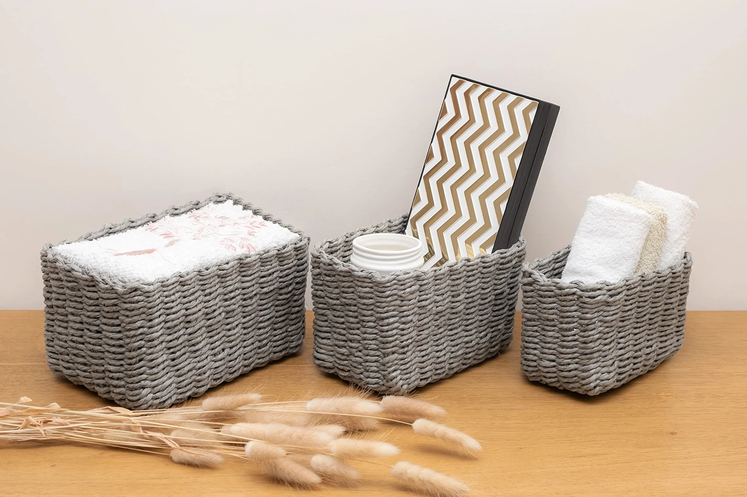 Set da 3 Cestini Portaoggetti, Porta Oggetti per il Bagno Salvaspazio, Cestino Organizer in Carta EcoFriendly, Cestini Intrecciati e Impilabili 22x14x13 cm Grigio I