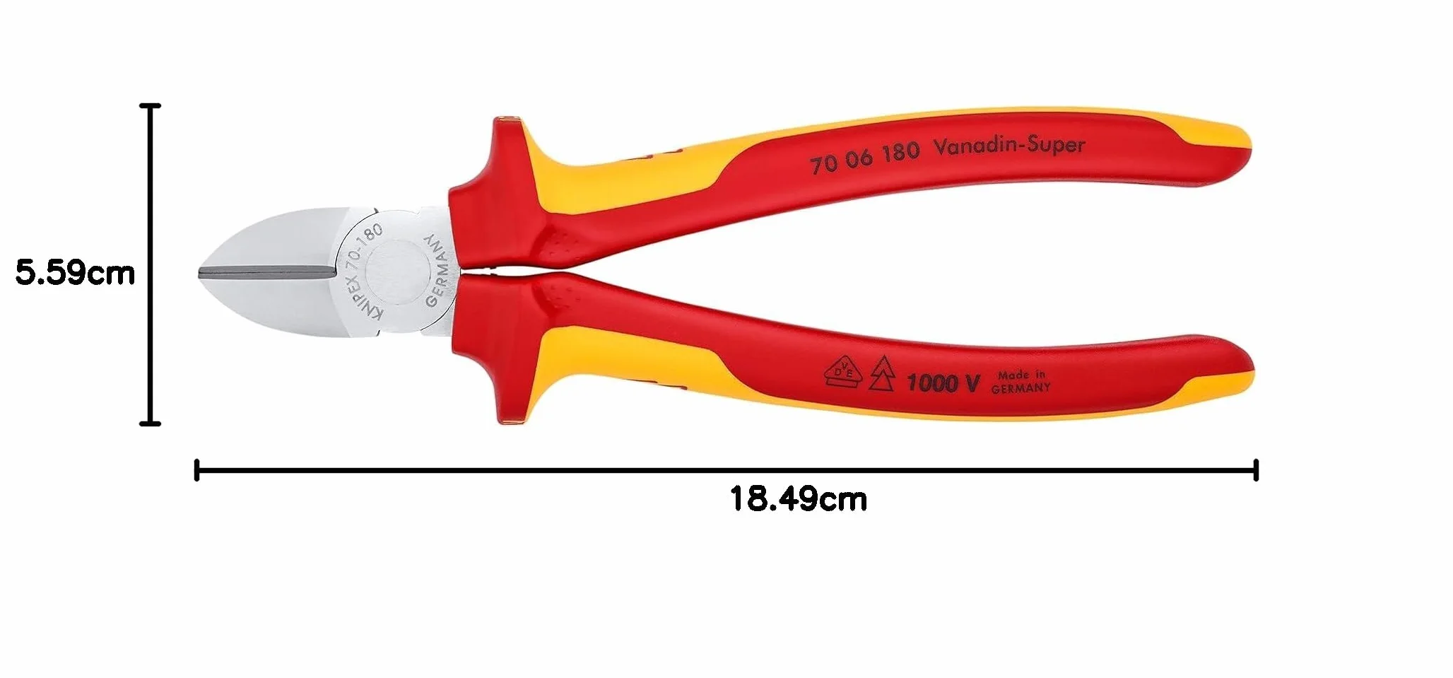 KNIPEX Tronchese laterale cromata isolati con manici rivestiti in materiale bicomponente, collaudati VDE 180 mm, 70 06 180