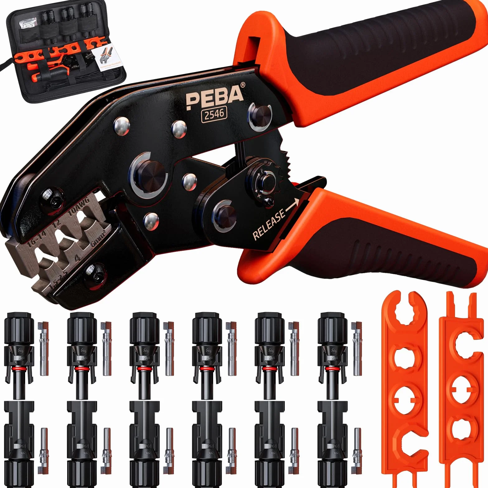 PEBA Set di Pinze Crimpatrici Solari, Pinza Crimpatrice Solare per 1.5-2.5/4.0/6.0 mm² Cavo PV, Incl. Crimpatrice + Pannello Solare Connettori Fotovoltaico+ Chiave Inglese per Cavo di Collegamento