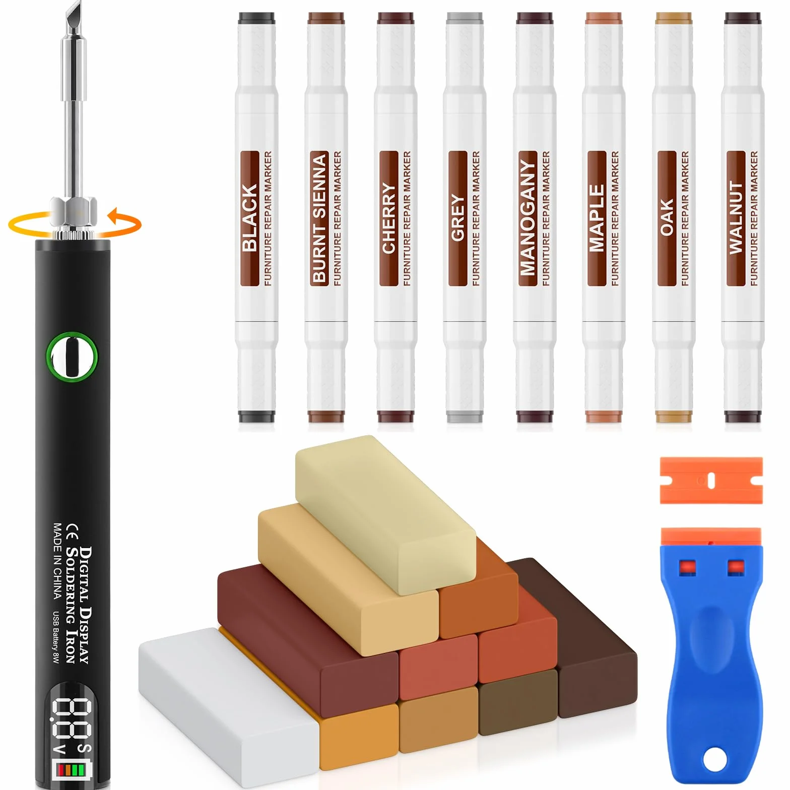 Set di riparazione per laminato, parquet e vinile con stucco per legno, strumento di fusione aggiornato a 11 colori, cera dura, 8 pennarelli a doppia punta. Ripara graffi, crepe, buchi e ammaccature