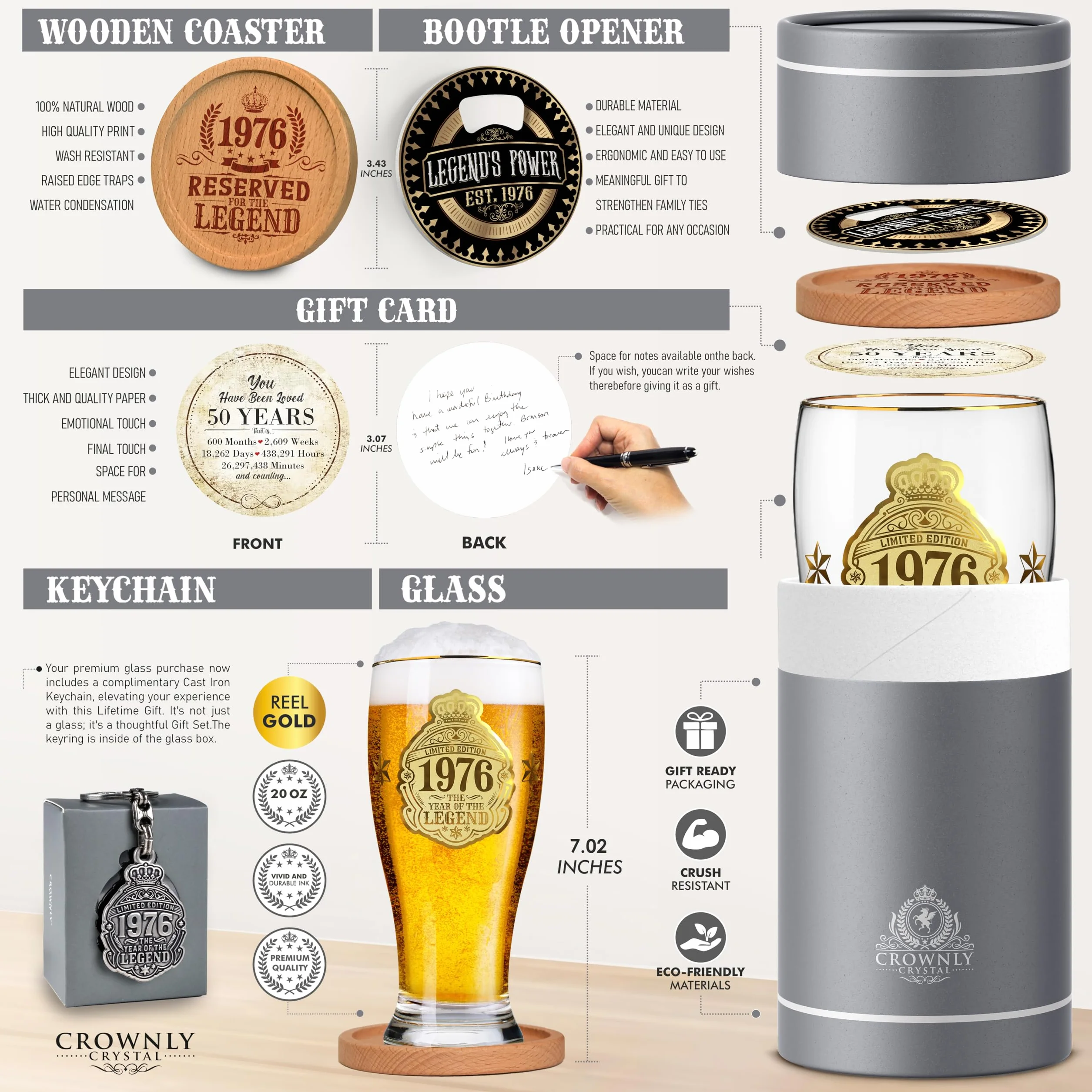 CROWNLY CRYSTAL® Bicchieri Birra 570 ml Personalizzati Regalo 50 Anni Uomo