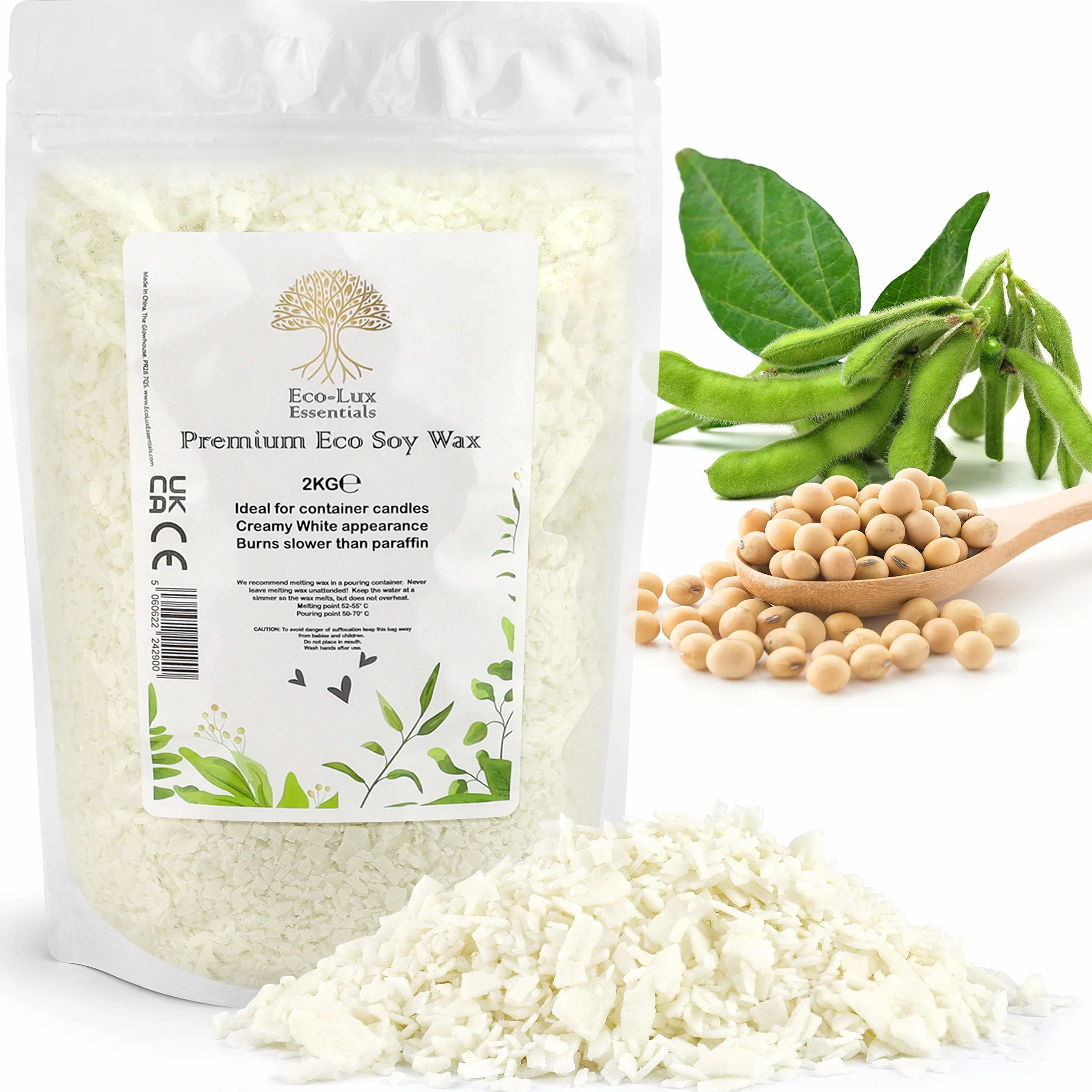 Eco-Lux Essentials - Cera di soia ecologica di alta qualità, 2 kg, bianca, vegana, prodotta senza crudeltà, 100% cera di soia naturale (2 kg)