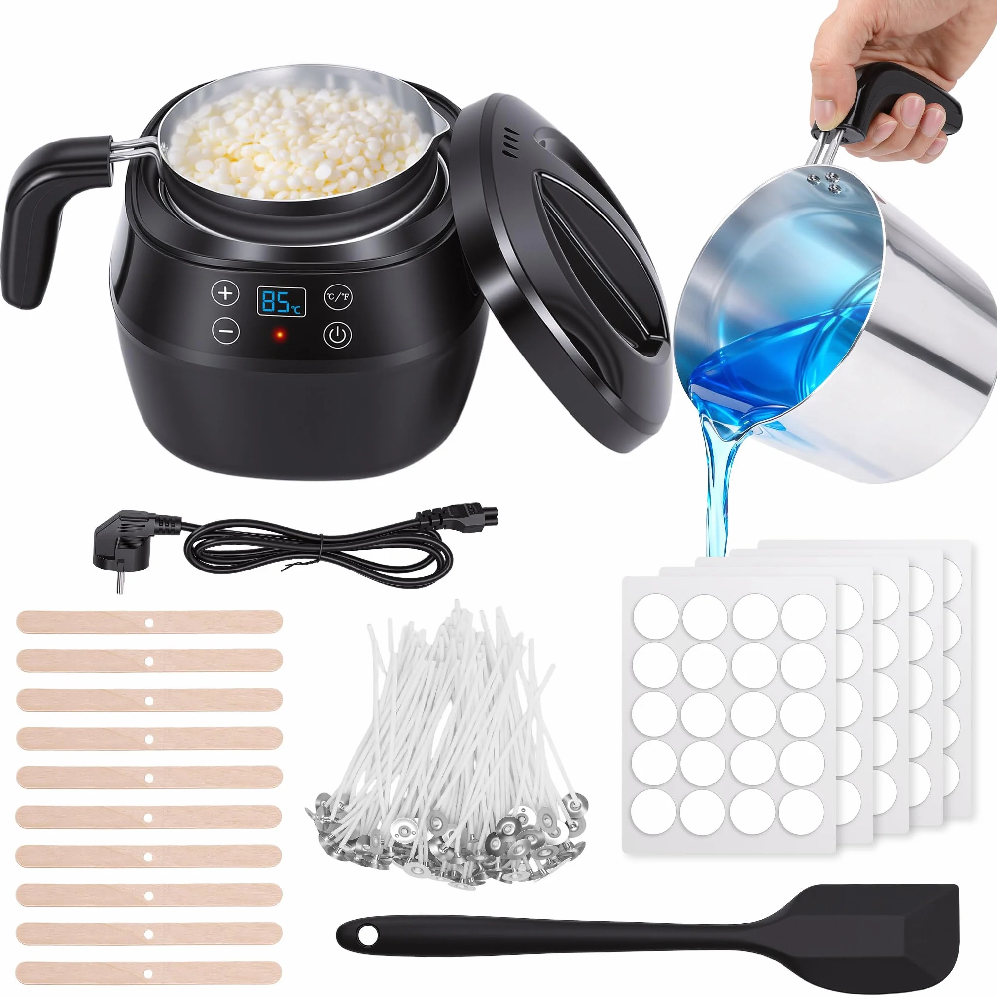 HISUEKIG 1L Sciogli Cera per Candele Elettrico, 150W Pentola per Fusione di Cera con LED Digitale Display, indicatore di temperatura, stoppini, centraggio e cucchiaio per produzione di candele