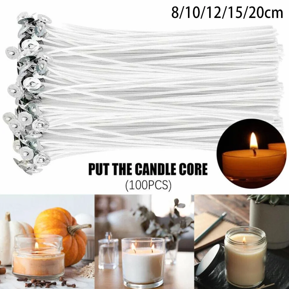 100 stoppini per candele in cotone naturale, commestibili per uso alimentare, con linguette di supporto in metallo, per realizzare candele a colonna e fai da te (10 cm)
