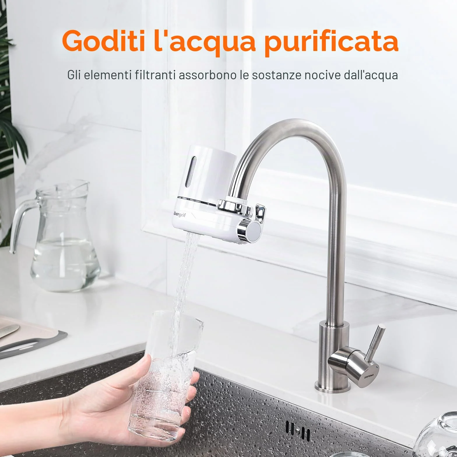 Ibergrif Filtro acqua rubinetto, Sistema filtraggio domestico, Rimuove cloro sedimenti metalli pesanti