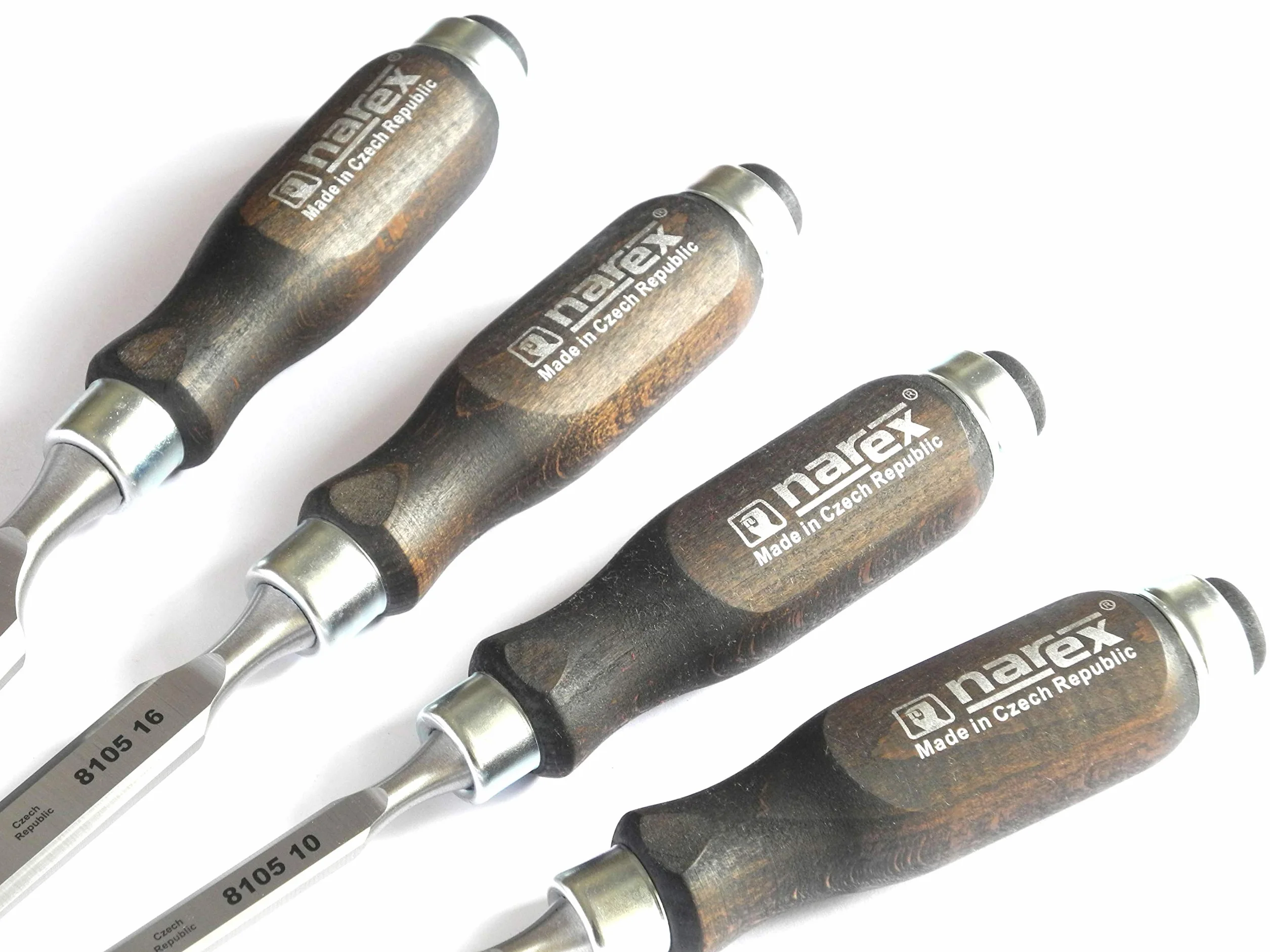 Narex - Set di 4 scalpelli con impugnatura scura (8, 10, 16, 32 mm) in acciaio al cromo manganese con lame forgiate e affilate, manici in legno verniciato e cerato