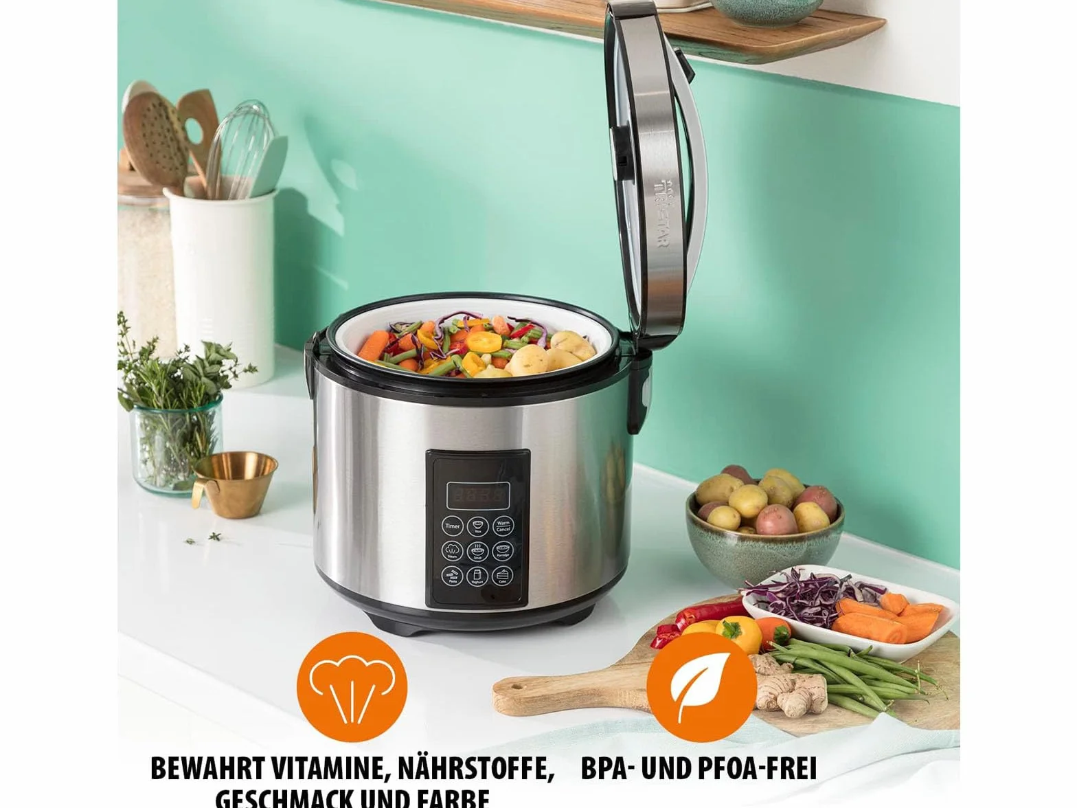 Tristar Cuociriso E Vaporiera XL (2,2 L), Mantenimento In Caldo 24 H, 7 Programmi, Pannello Digitale, Timer, Per 8–10 Persone, BPA Free, Incl. Accessori, Argento, RK-6138