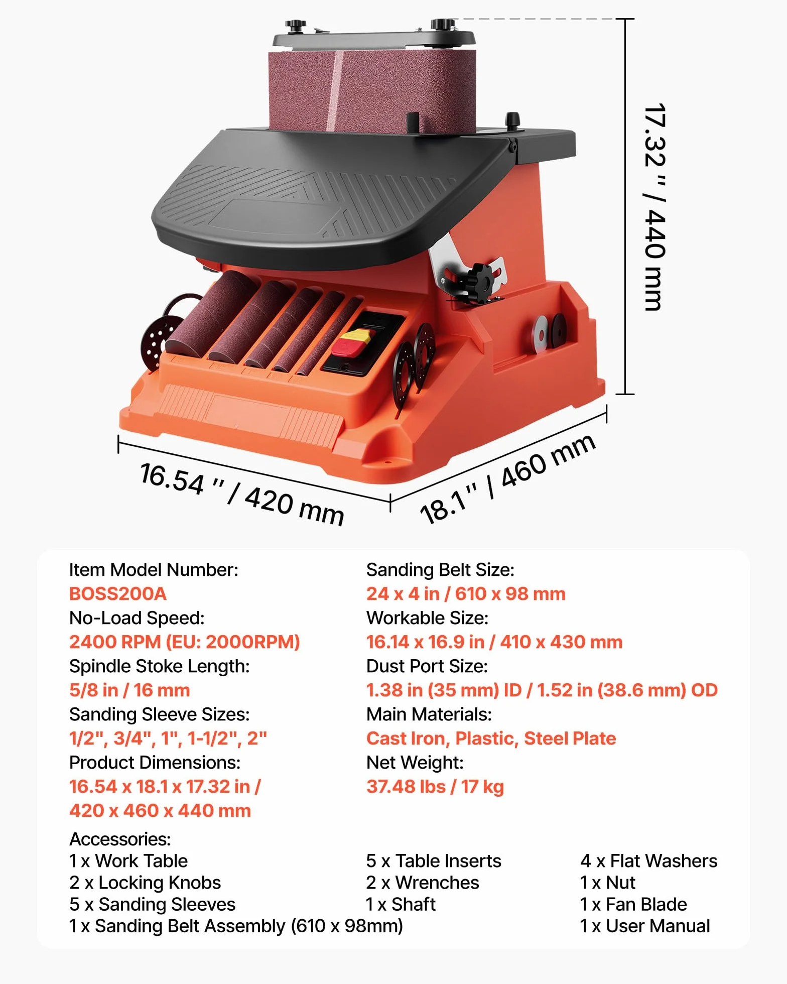 VEVOR Levigatrice a Nastro e Mandrino Oscillante, Smerigliatrice da Banco da 2000 giri/min con Corsa da 16 mm, 5 Manicotti 12,7-50,8 mm e Nastro Abrasivo da 610 x 98 mm per Lavorazione del Legno