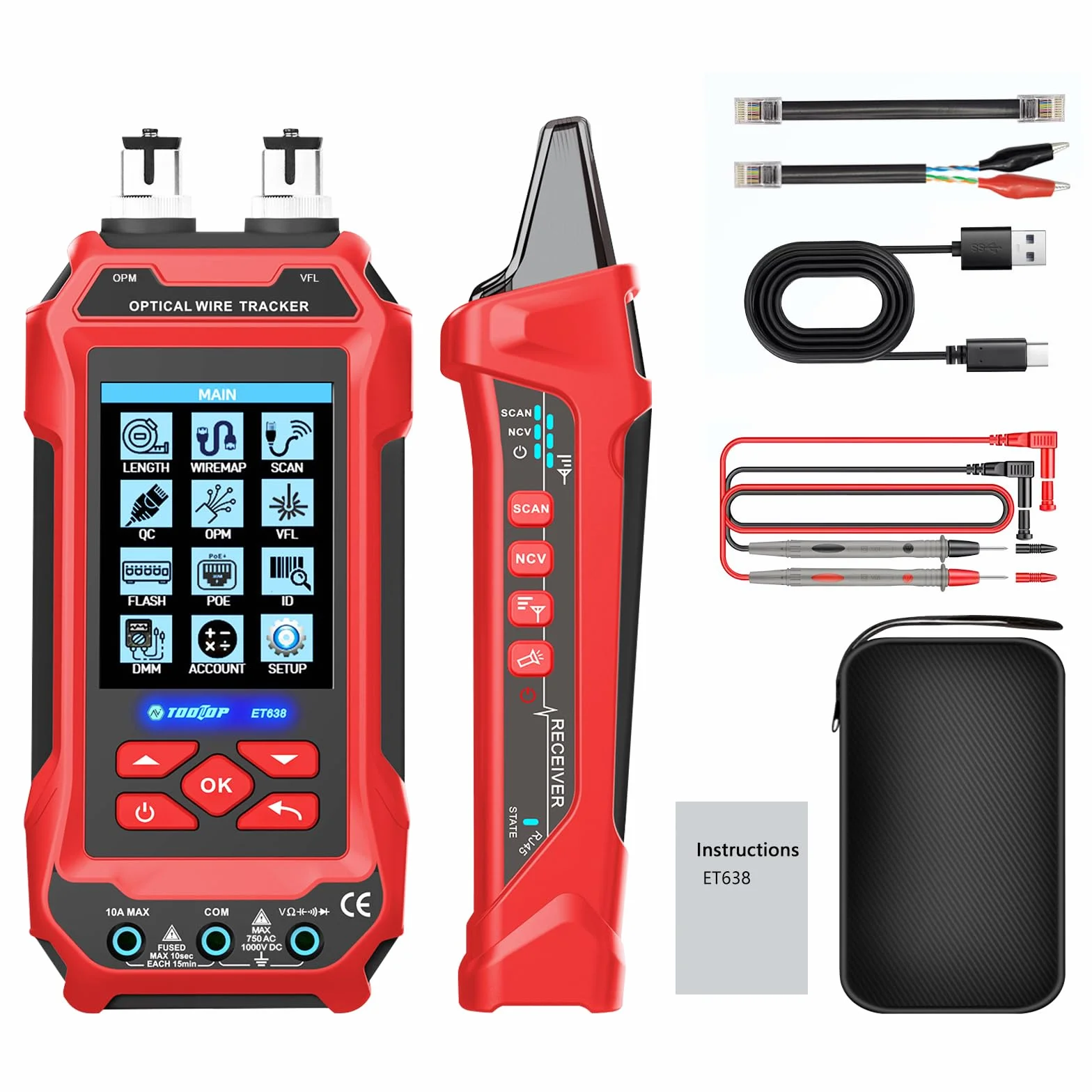 Tester per cavi di rete con funzione multimetro – RJ45/RJ11/BNC, misurazione lunghezza, rilevamento guasti, PING, PoE, tracciamento tono, display LCD multifunzione