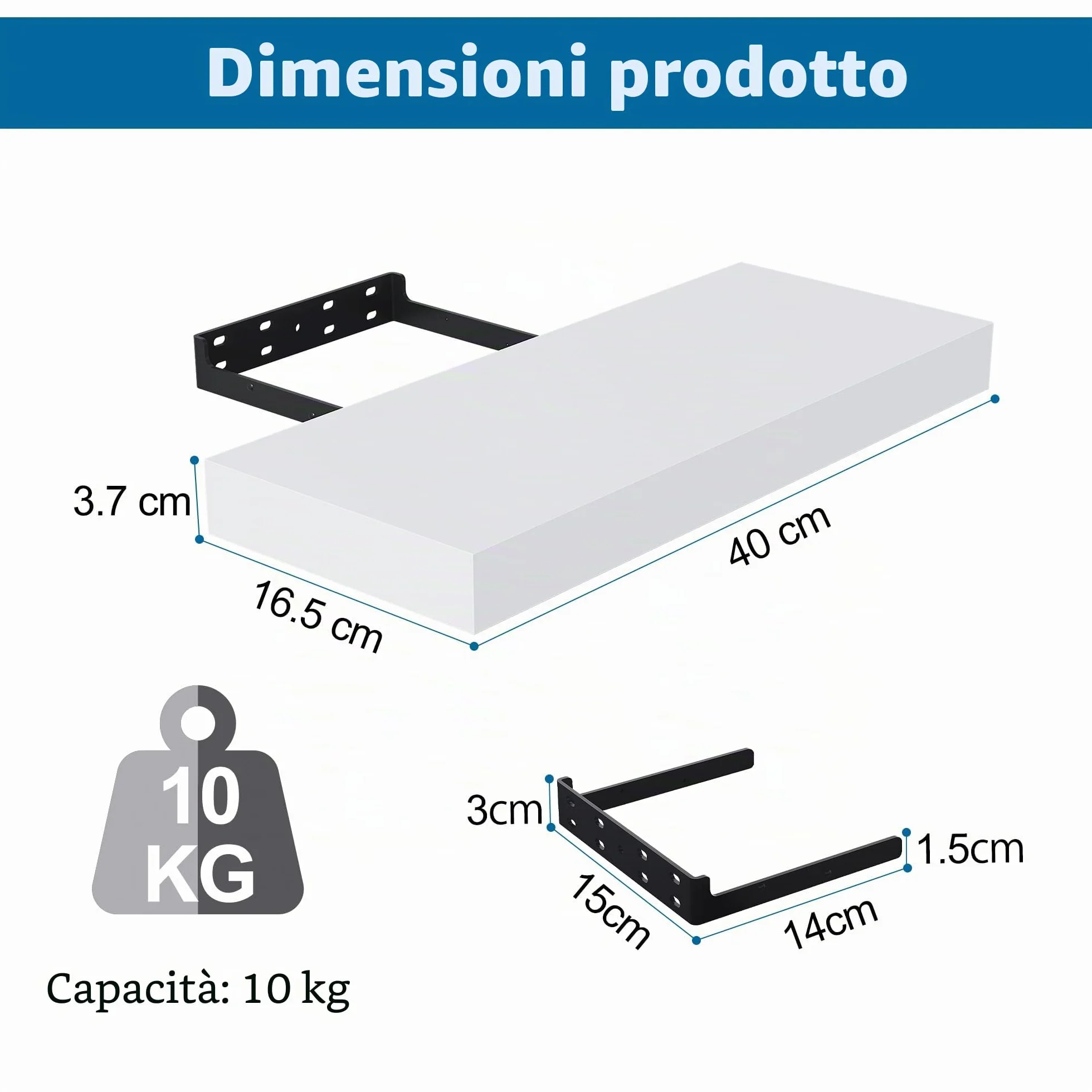 BONTEC Mensole da muro, confezione da 2, robuste mensole da parete per bagno, facili da installare, design minimalista, contengono 10 kg ciascuna, bianco