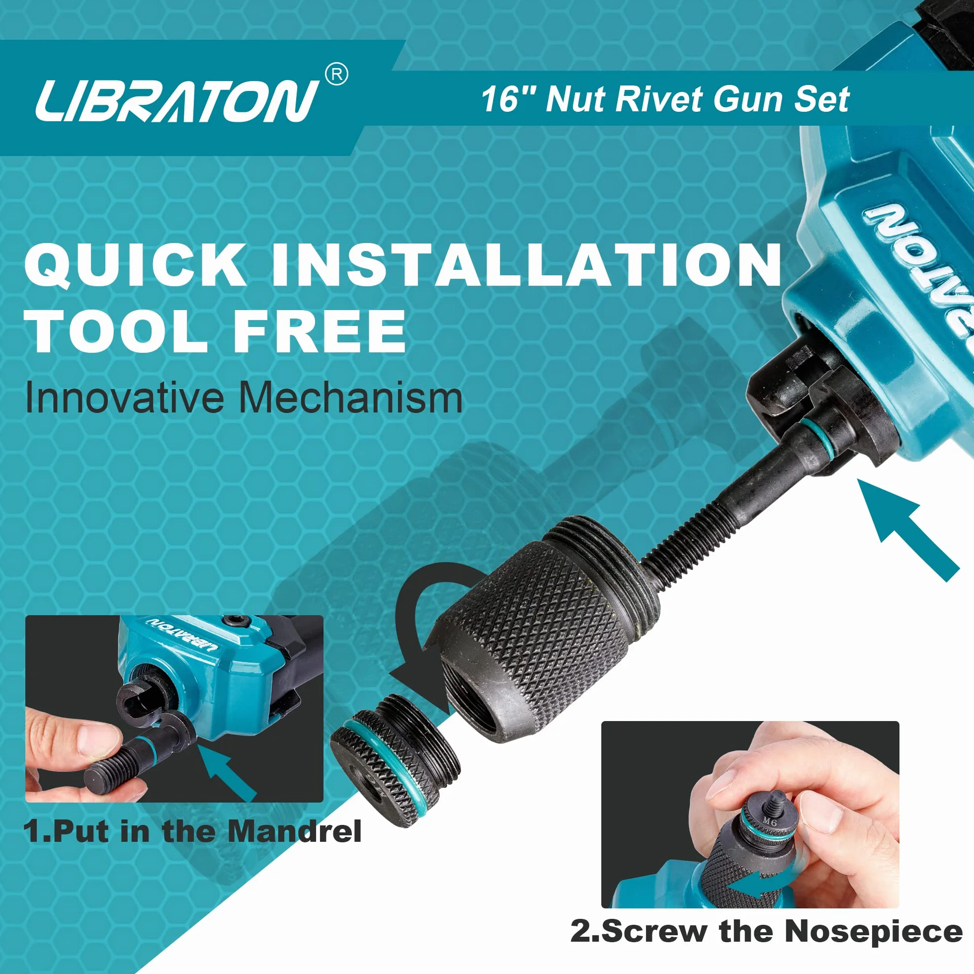 Libraton Rivettatrice Professionale a Doppia Impugnatura 16" 70 Dadi 7 Mandrini Metrici