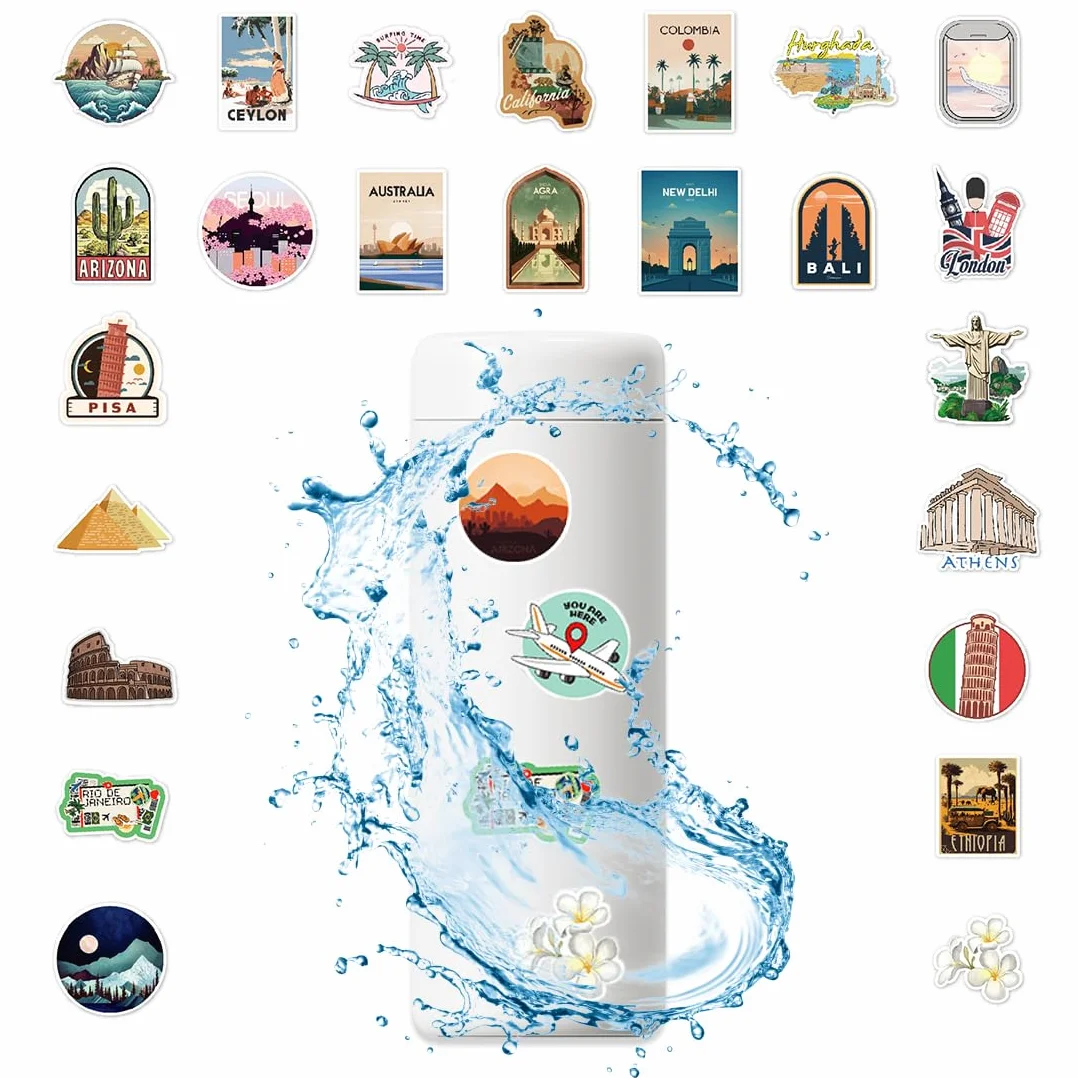 Set di 100 adesivi di famose città del mondo con attrazioni turistiche, in vinile, impermeabili Stickers Aesthetic per Diario di Viaggio da Compilare, Album scrapbooking stickers journaling