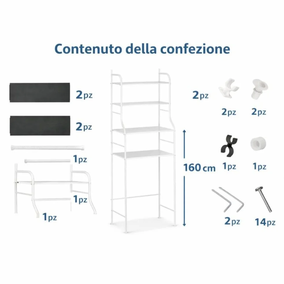 Scaffale Sopra Lavatrice in Metallo – Libreria Salvaspazio 3 Ripiani – Struttura Super Resistente – Piedini Antiscivolo – Organizer Lavanderia 65x25x160 cm – Bianco