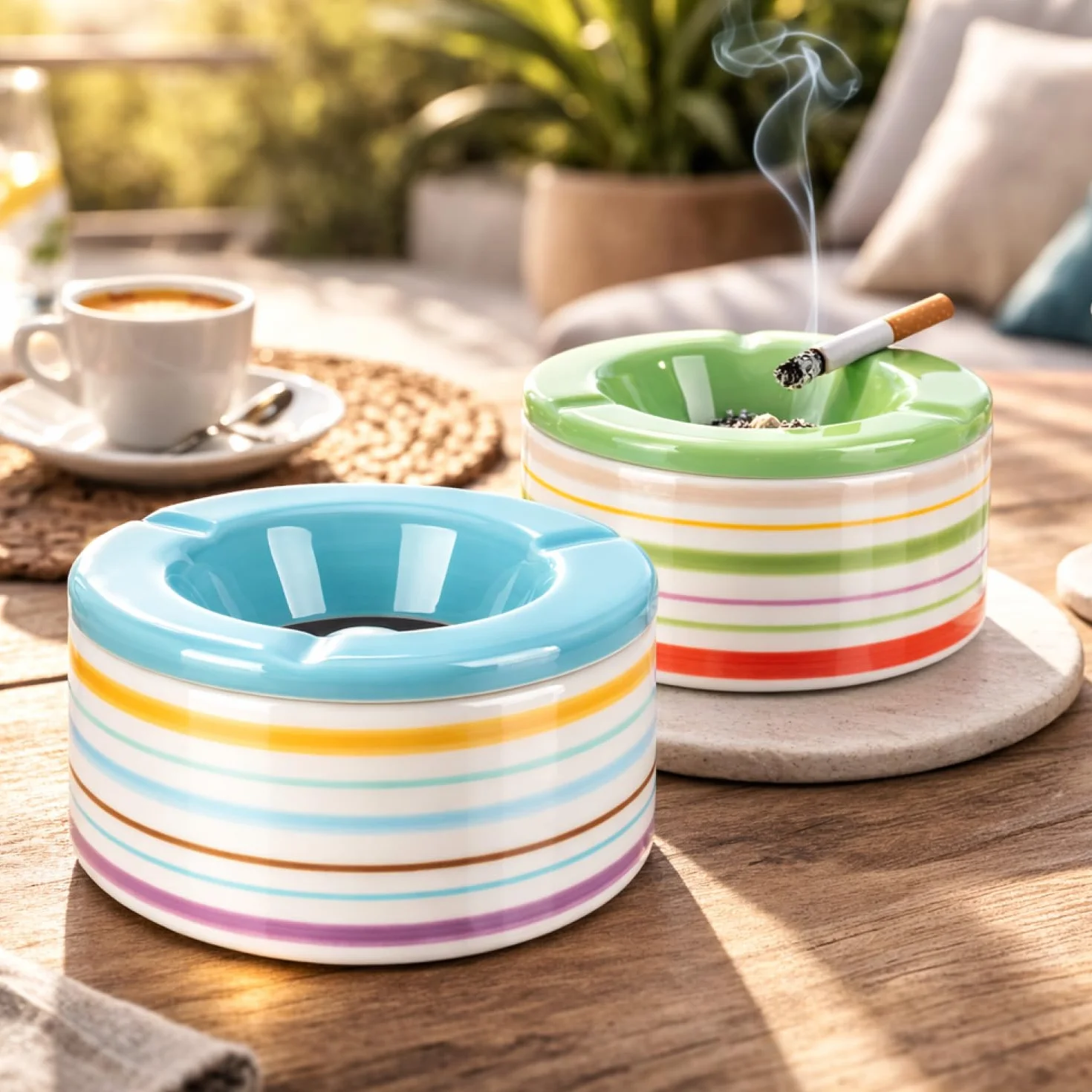 com-four® 2x Posacenere Antivento in Ceramica Dolomite - Portacenere Grande con Coperchio in Ceramica Blu e Verde 12 cm