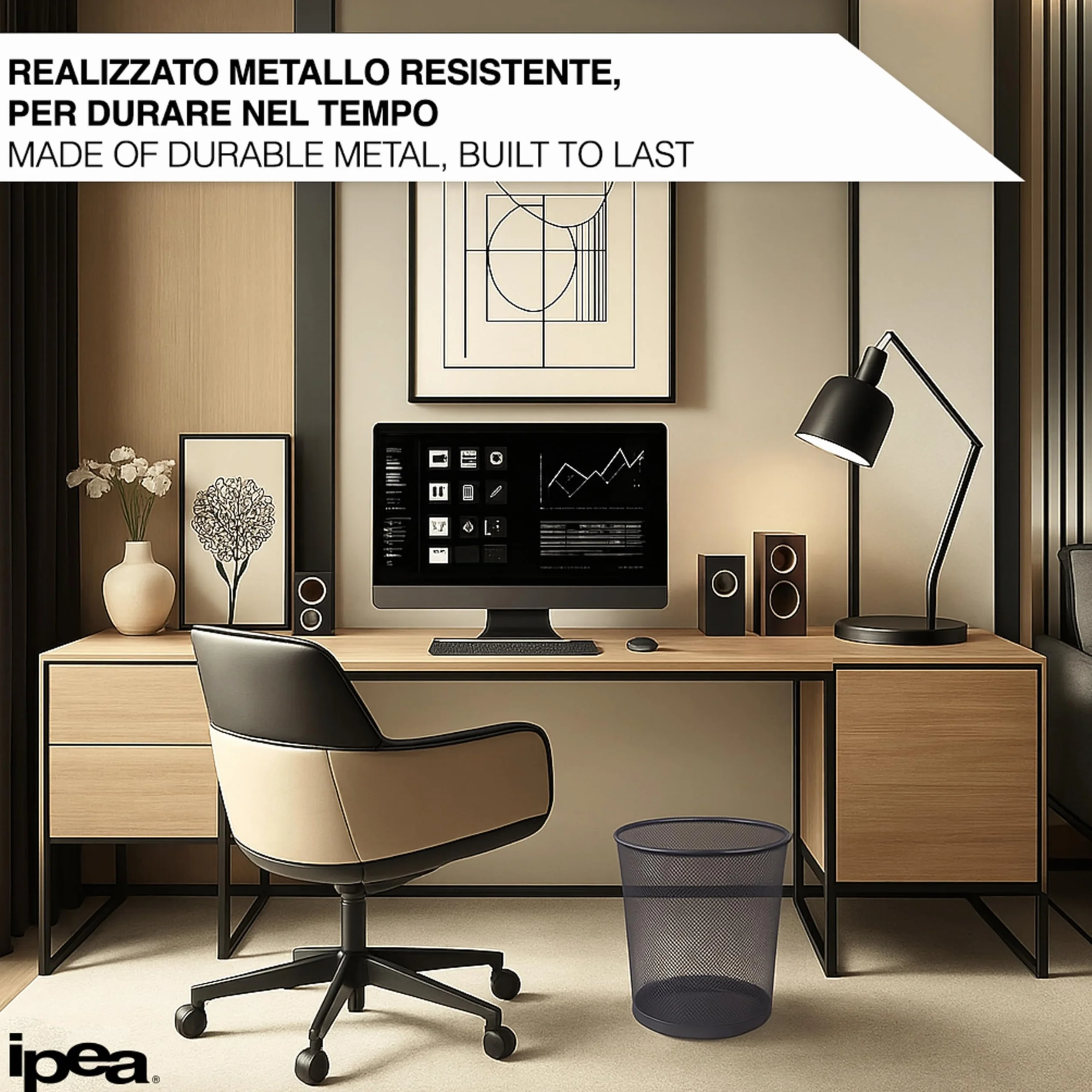 IPEA Cestino per la Carta in Rete Metallica Nero - 26 X 23 cm - Cestino Getta Carta Riciclaggio per Ufficio, Casa, Camera, Scuola - In Metallo - Cesto Spazzatura per Scrivania, Tavolo, Mobile