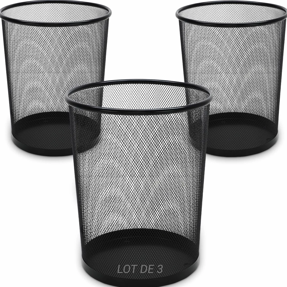 Waytex Set di 3 cestini per carta da ufficio, in metallo, rete nera, grande capacità 18 l, cestino rotondo traforato, ad alta resistenza, per ufficio e casa, confezione economica, diametro 29,5 x