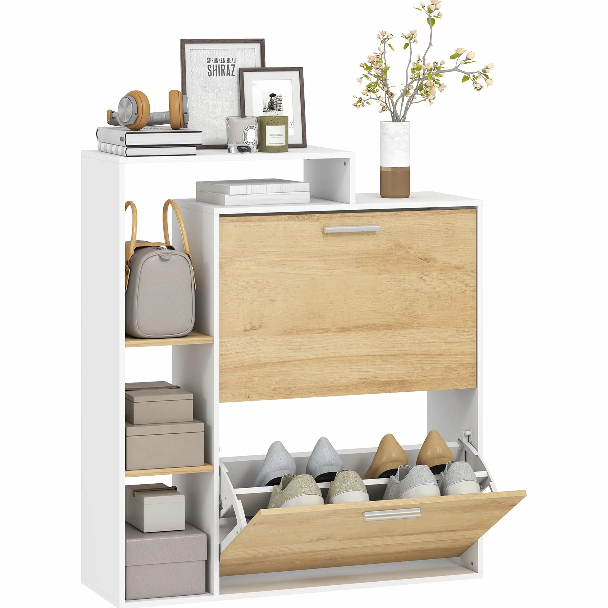 HOMCOM Scarpiera Salvaspazio Slim con 2 Ante a Ribalta, Scarpiera Ingresso con Ripiani Regolabili, 3 Ripiani Aperti, Porta Scarpe per 8 Paia in Legno con Maniglia, 80x26x90 cm, Bianco e Legno Naturale