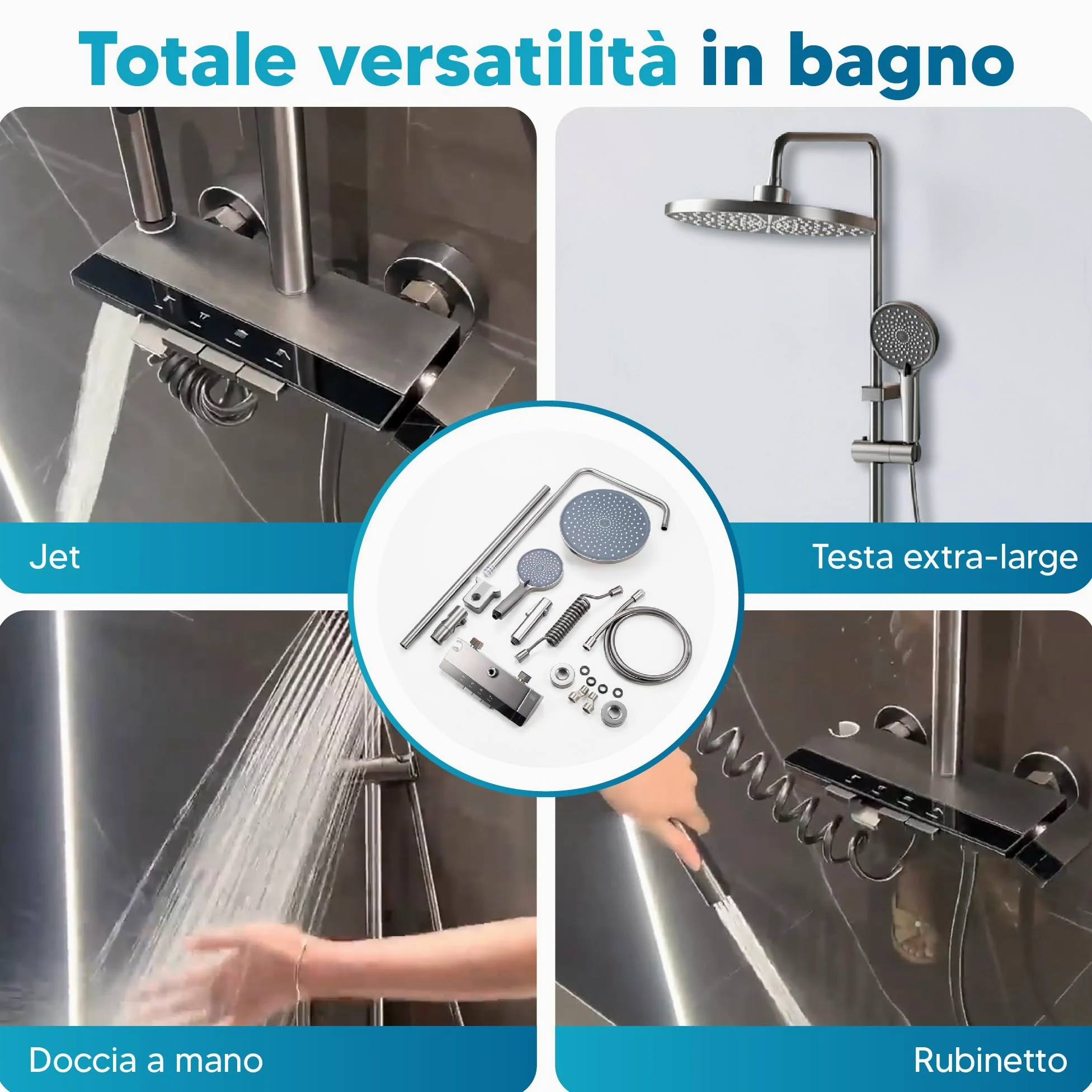INEX EUROPA Colonna doccia nero grigio titanio con testa rotonda - colonna doccia 4 modalità e altezza regolabile - testa, getto, rubinetto e soffione doccia - 10 anni di garanzia