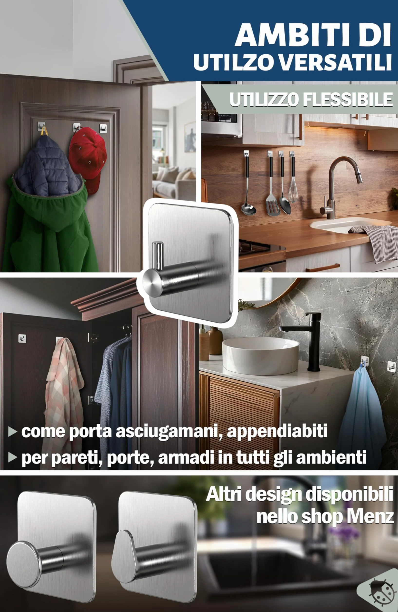 Menz Ganci Adesivi Bagno Set di 4 - Adesivi Acciaio Inox Impermeabili per Cucina e Pareti Argento