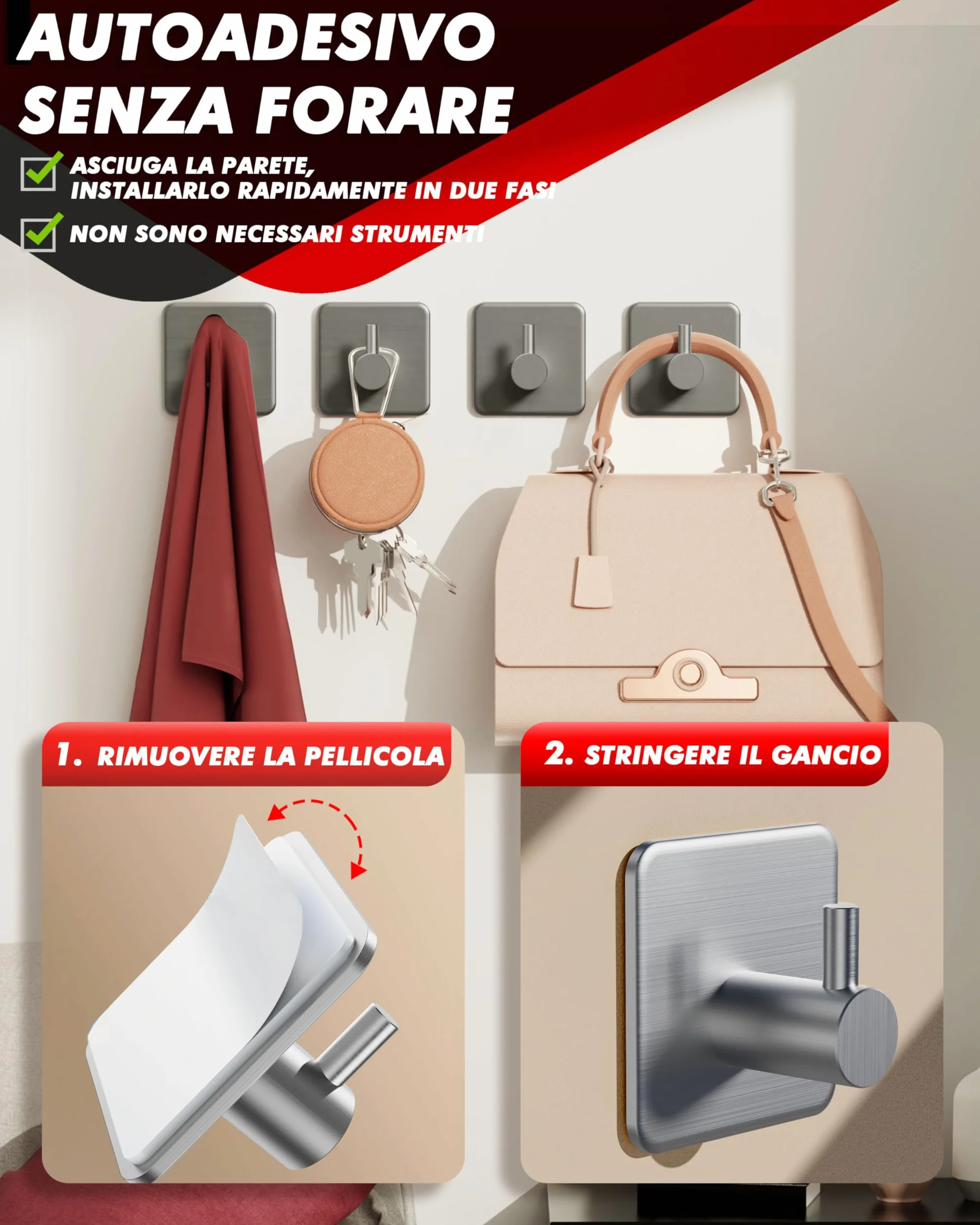 Auxmir Ganci Adesivi Appendi Accappatoio Bagno Acciaio Inox Impermeabile Antiruggine Autoadesivo Porta Asciugamani Argento