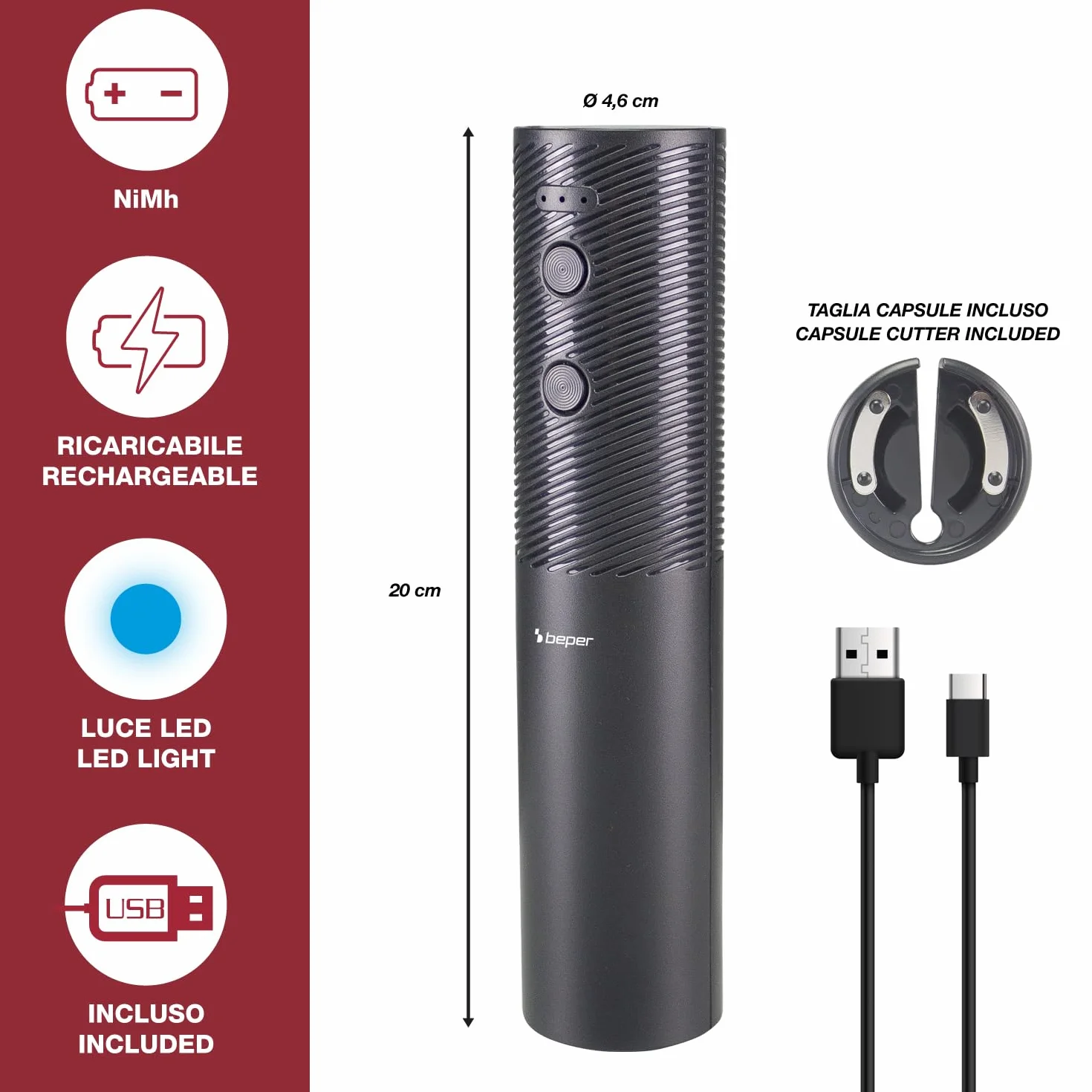 BEPER P102ACP103 Cavatappi Elettrico Ricaricabile USB, Apribottiglie Vino, Con Taglia Capsule, Per Tappi in Sughero e Sintetici