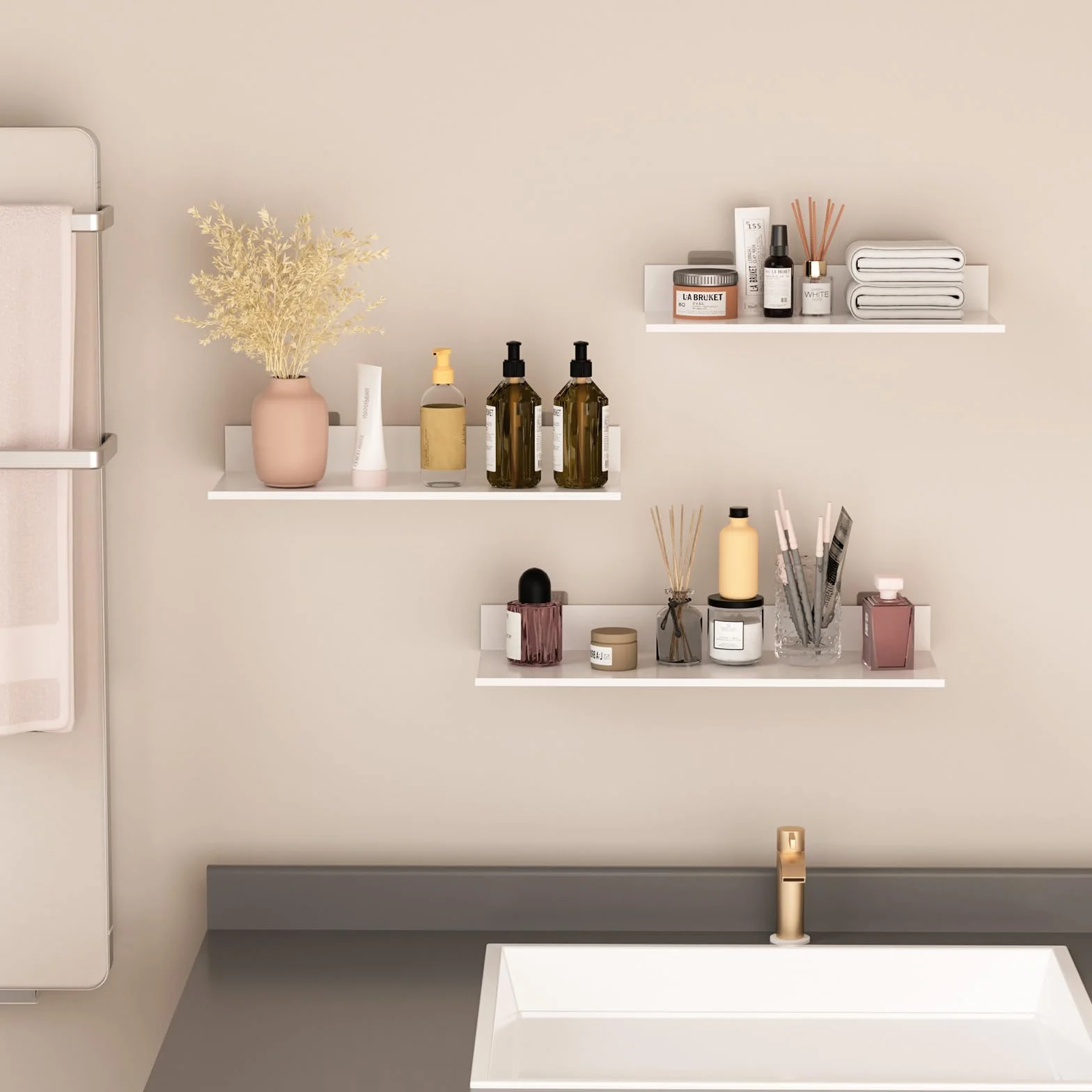 Wisfame Mensole da Muro Design Bianco, Moderne Mensola Decorative per Espositori Set di 3, Metallo Scaffale da Parete per Soggiorno, Camera da Letto, Cucina, Studio, Mensola Bagno Senza Foratura