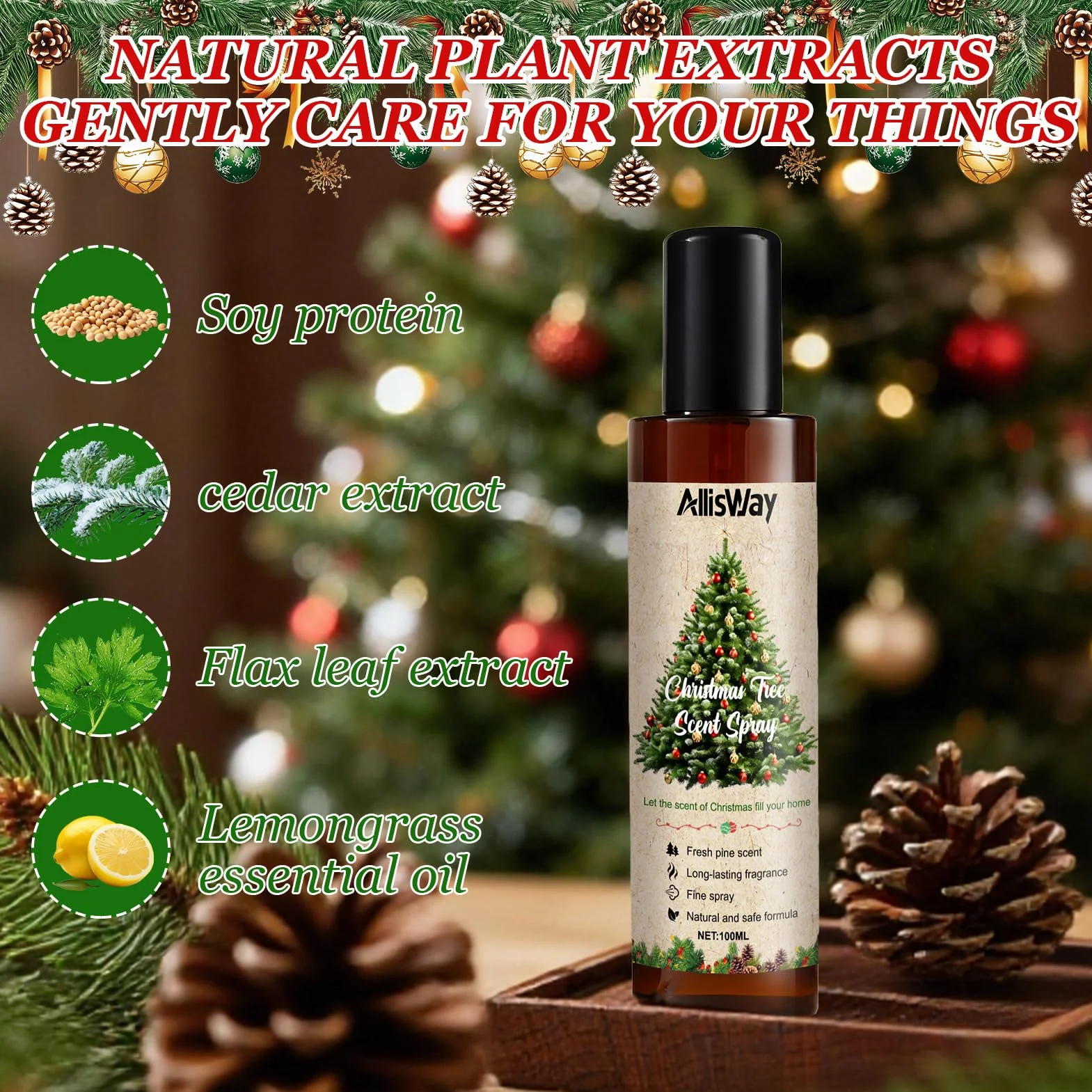 Fragranza per albero di Natale, deodorante per Natale, profumo fresco di pino, che crea un'atmosfera festosa, adatto per alberi di Natale, interni o vestiti, 100 ml