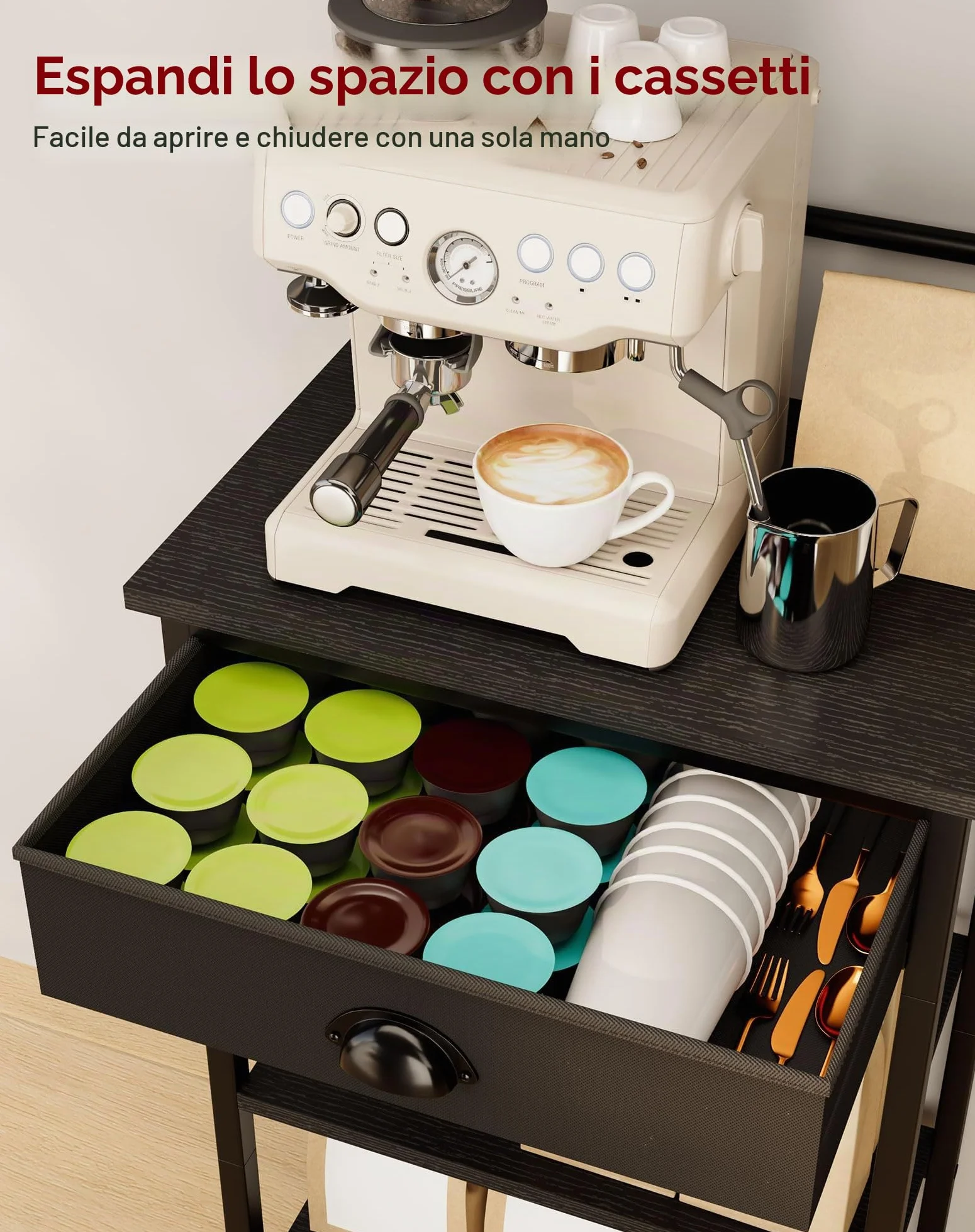 YMYNY Scaffale da Cucina, Porta-caffè in legno a 5 livelli, Scaffale per macchina del caffè, Organizzatore di 12 ganci, Cassetti in tessuto, 33 x 43 x 134,5 cm, per Soggiorno, Ufficio, Nero HBR009B
