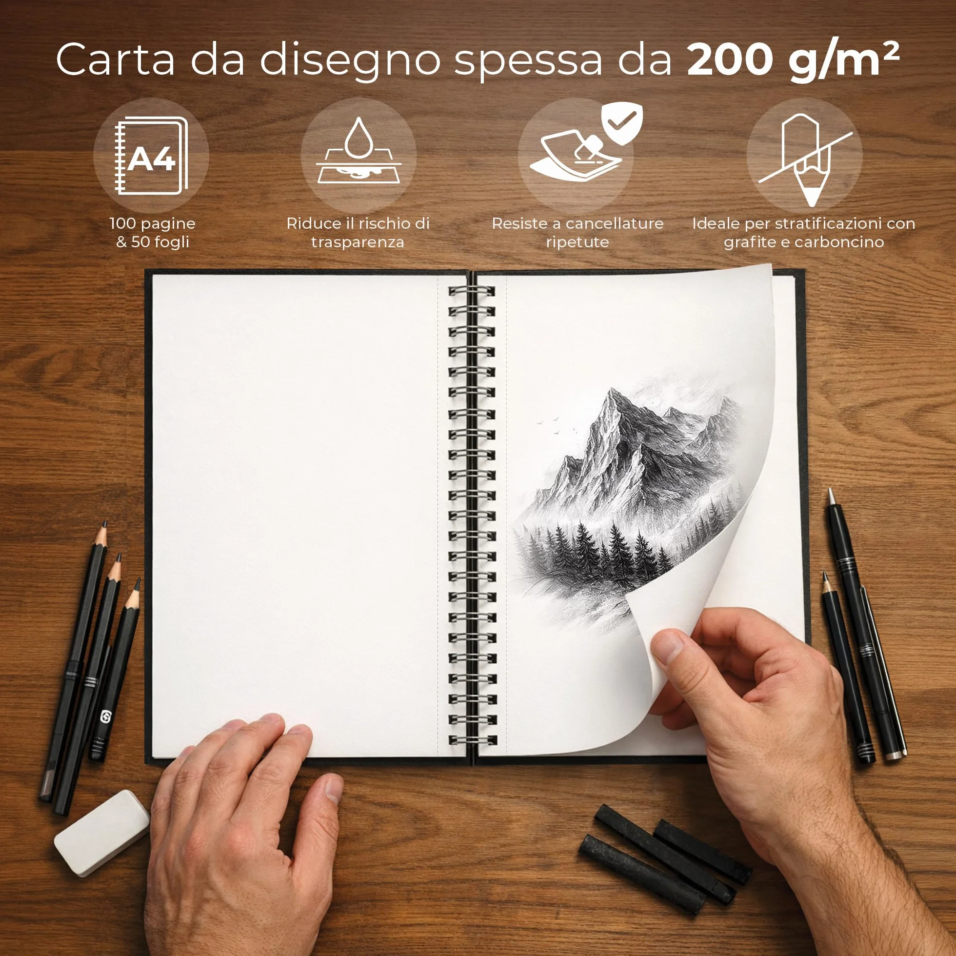 DIYIDEA Album da Disegno A4 200 g/m² – 100 Pagine, Spirale con Copertina Rigida – Blocco Disegno per Matita, Carboncino, Grafite e Pastello