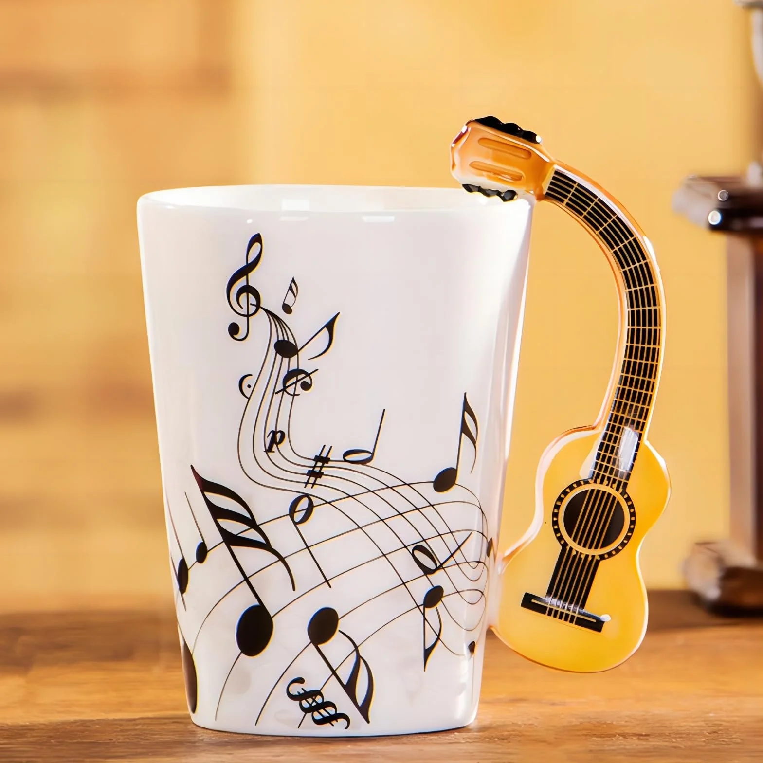 Ceramiczny kubek kreatywny 250 ml z uchwytem w kształcie gitary, na kawę, herbatę, mleko, pomysł na prezent (gitara drewniana)