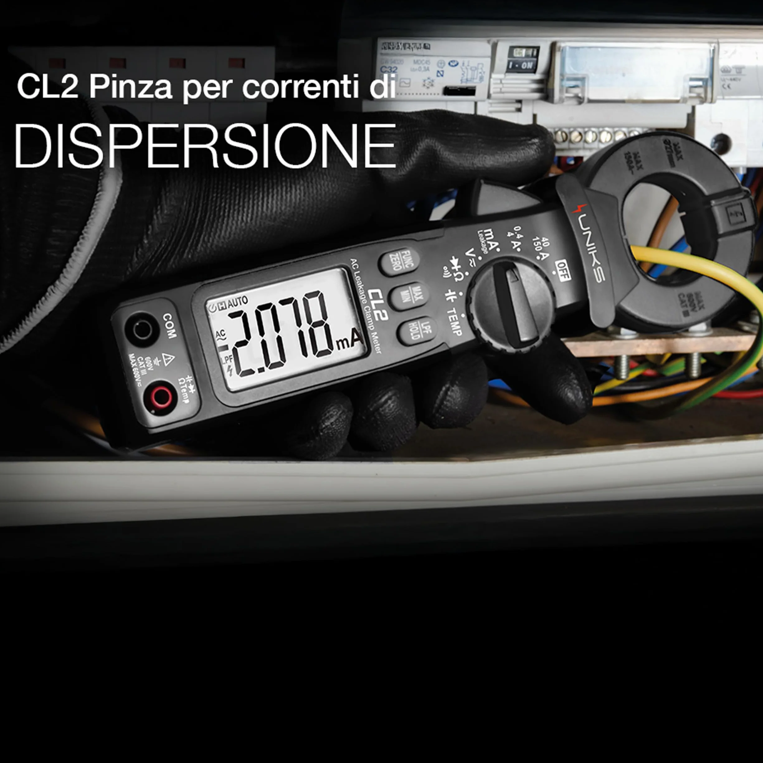 UNIKS – Pinza Amperometrica Professionale CL2 per Correnti di Dispersione, Tensione AC/DC, TRMS 600V