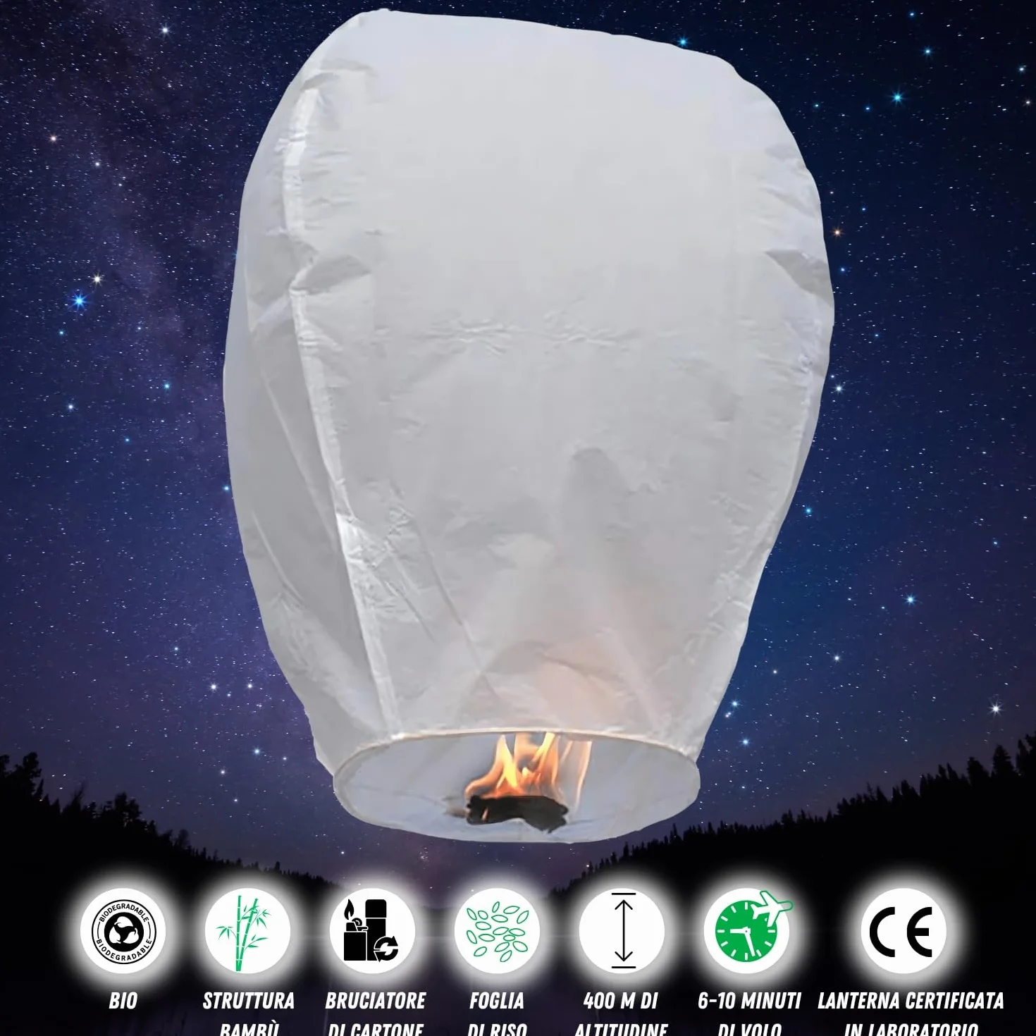 Lanterne Cinesi Volanti Giganti 90x60cm, 100% Biodegradabili Carta di Riso, Sky Lanterns Bianche - 10 Pezzi