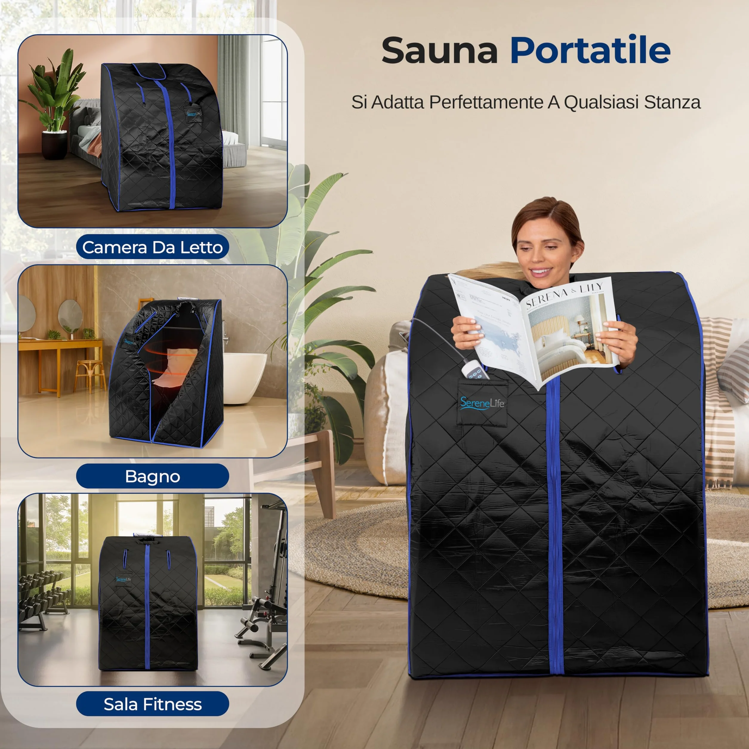 SereneLife Sauna a Vapore Portatile, Sauna Monoposto da Casa, Bagno Turco, Sauna Infrarossi con Tappetino Scaldapiedi e Sedia Pieghevole, Cabina Domestica per Spa, Nero