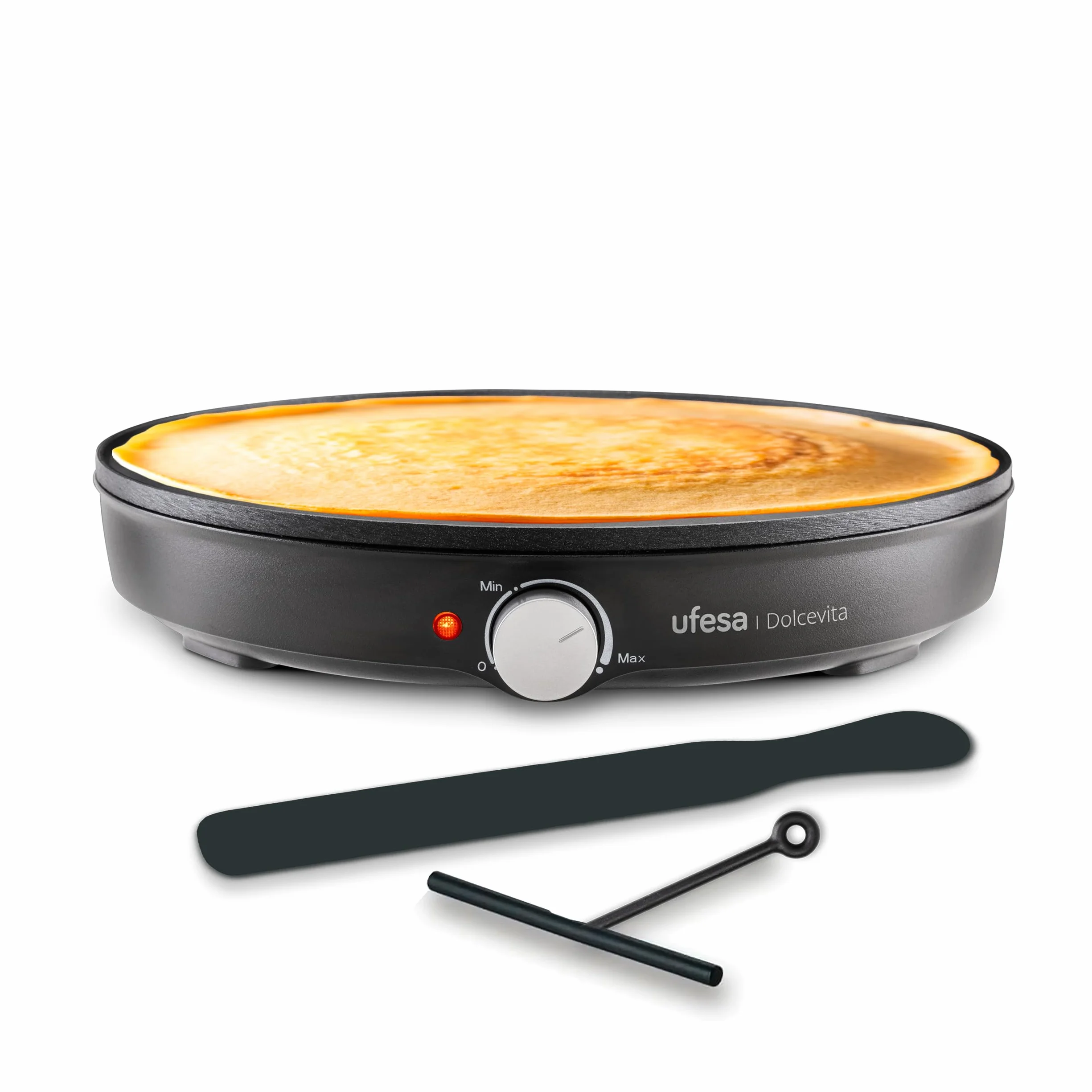 Ufesa Crepiera Dolcevita 1000W, Piastra Antiaderente da 30 cm, Controllo della Temperatura Regolabile, Spia Luminosa con Termostato, Sicurezza Termica, Piedini Antiscivolo, Accessori Inclusi