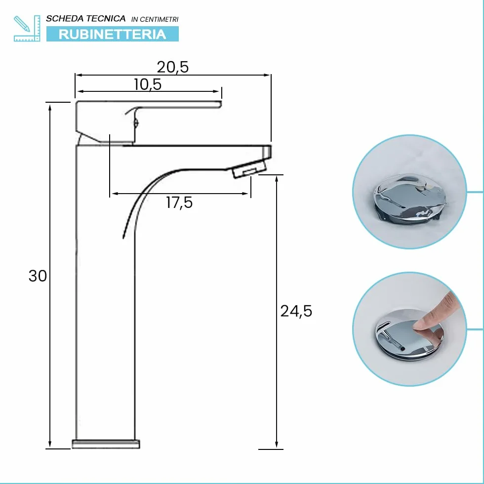 Set miscelatori lavabo alto e bidet con scarico click-clack incluso, in ottone cromato con leva monocomando, ZOE