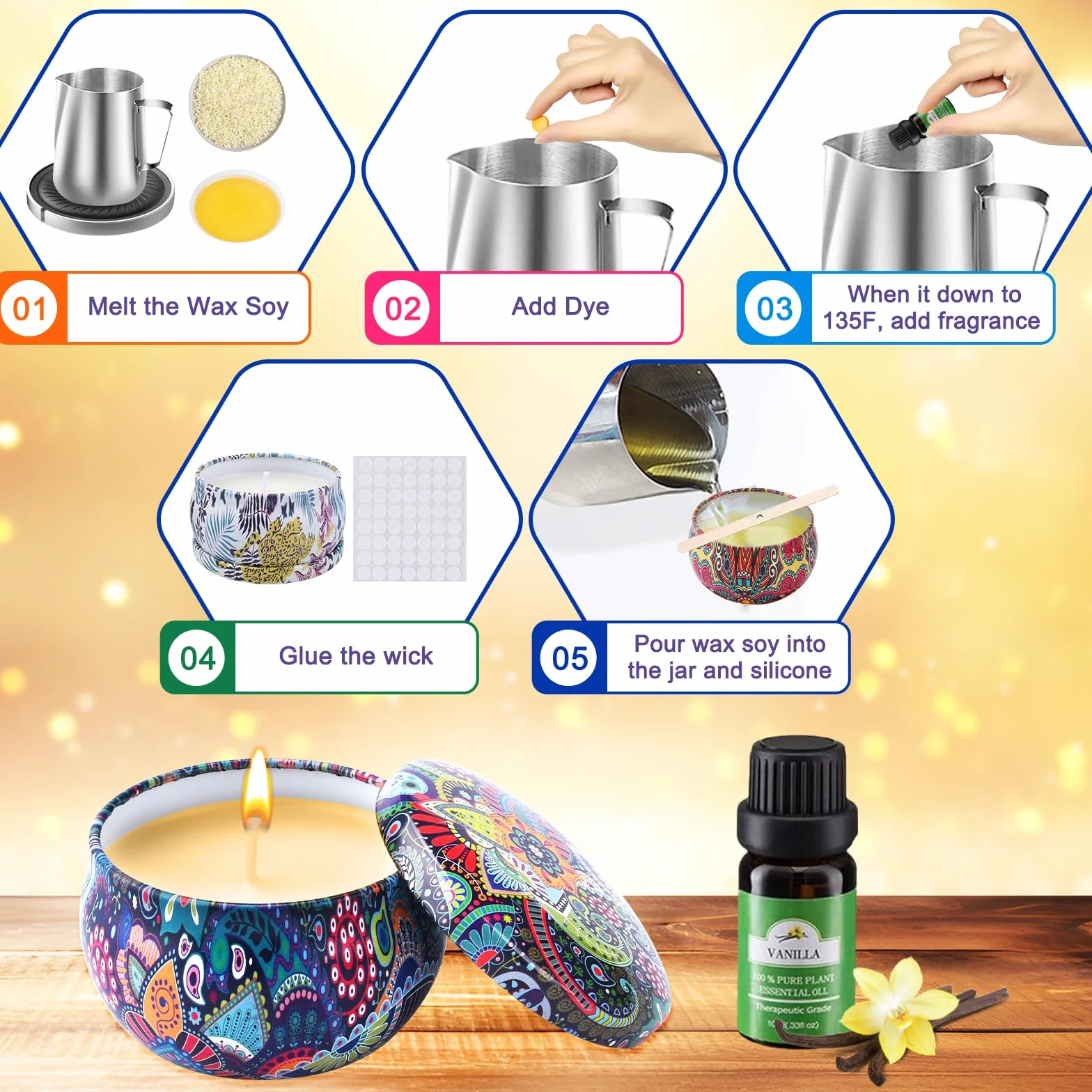 UCAMP Kit per Realizzare Candele,Kit per Candele Fai da Te per Fabbricazione Candele Profumate per Principianti Candele Kit,tra 10 Cui Lattine per Candele,Stoppini,Pentola