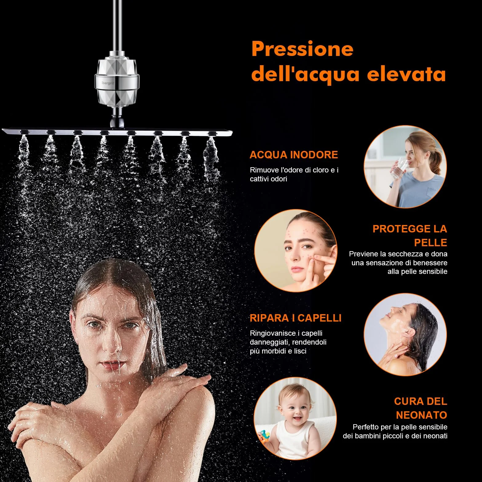 Ibergrif M91010 Filtro doccia per acqua dura, con cartuccia sostituibile per rimuovere cloro e metalli pesanti