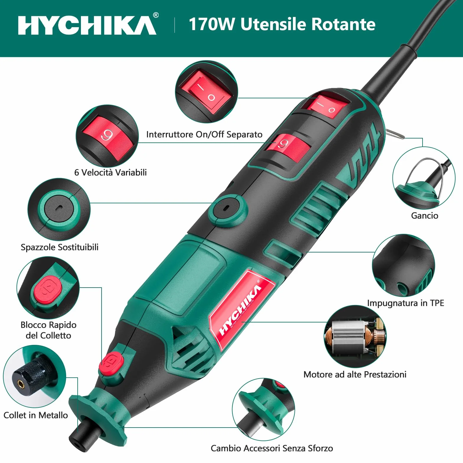 HYCHIKA utensile rotante 170W, kit multiutensile velocità variabile 8000-35000 RPM, 173 pezzi con albero flessibile