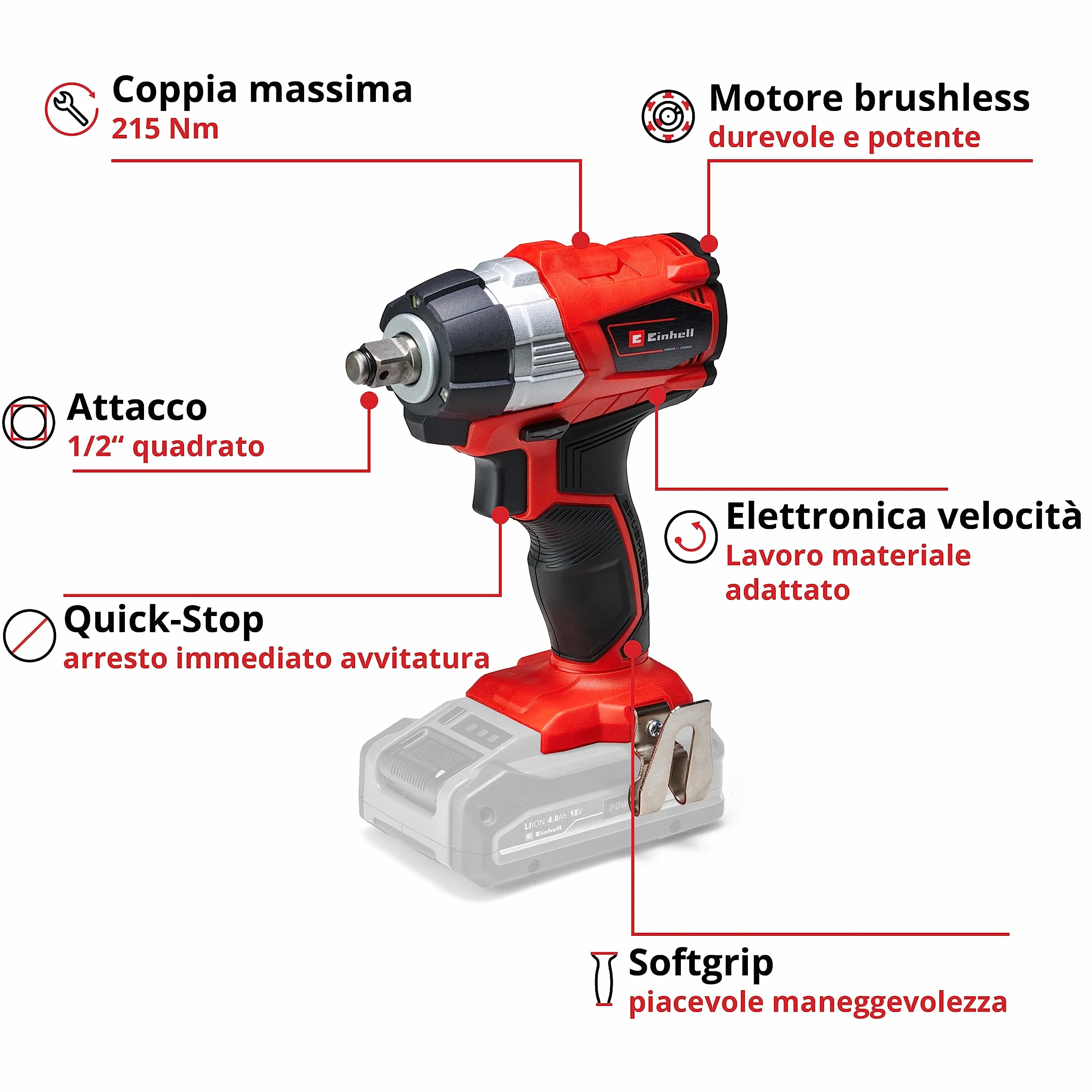 Einhell Avvitatore a impulsi a batteria TP-CW 18 Li Brushless-Solo Power X-Change (18V, motore brushless, giri al min. 0-2900, torsione 215Nm,adattatore bits esagonale,senza batteria e caricabatteria)