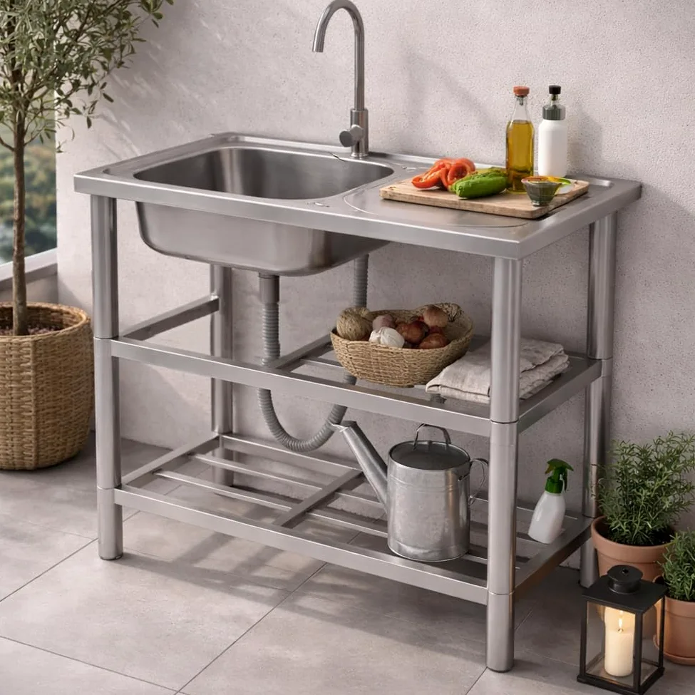 BAKAJI Lavello in Acciaio Inox con Rubinetteria Completa e Kit Sifone Ideale per Esterno, Patio, Giardino, Cucina in Balcone e Veranda, Lavandino con Ripiani Portaoggetti e Accessori, 75 x 40 x 80 cm