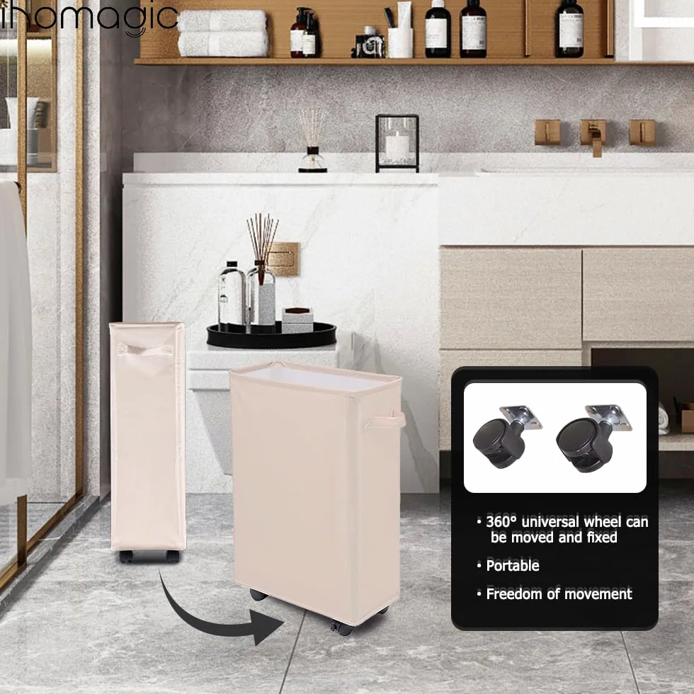 Cesto della Biancheria con Ruote 40L - Cesta del Bucato Sottile Pieghevole, Cesto Portabiancheria Rettangolare in Piedi, Sottile Secchi per La Biancheria per Hotel, Deposito Familiare (Beige)