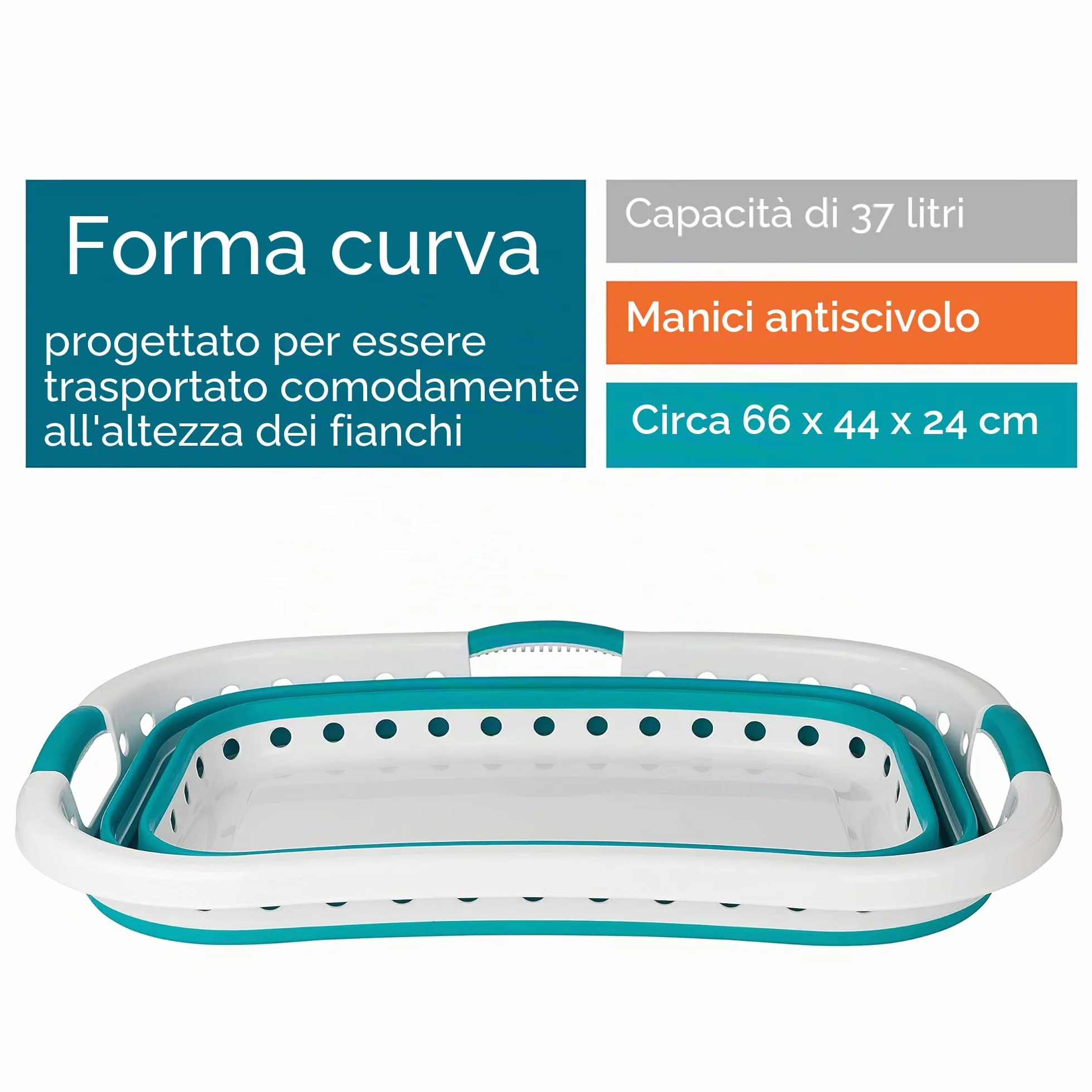 Beldray LA072979TQEU Cestello per bucato, curvo e sagomato per adattarsi al corpo, design ovale che abbracia i fianchi, cestello pieghevole, manici ergonomici per trasporto antiscivolo, 37 l, turchese