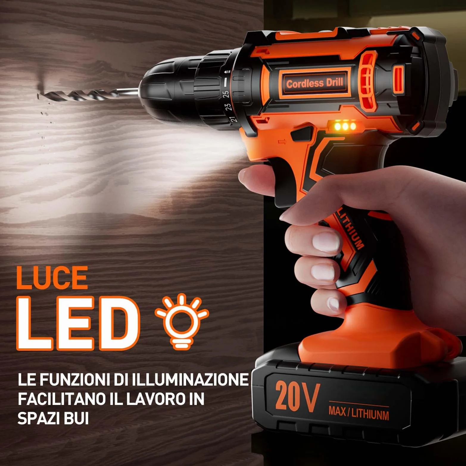 Trapano Avvitatore a Batteria 20V, 2 Batterie 2.0Ah, Max 42Nm, 25+1 Impostazione Coppia, LED Luce, 2 Velocità, 24 Accessori, 10mm Mandrino Autoserrante, per Riparazione, Fai da te