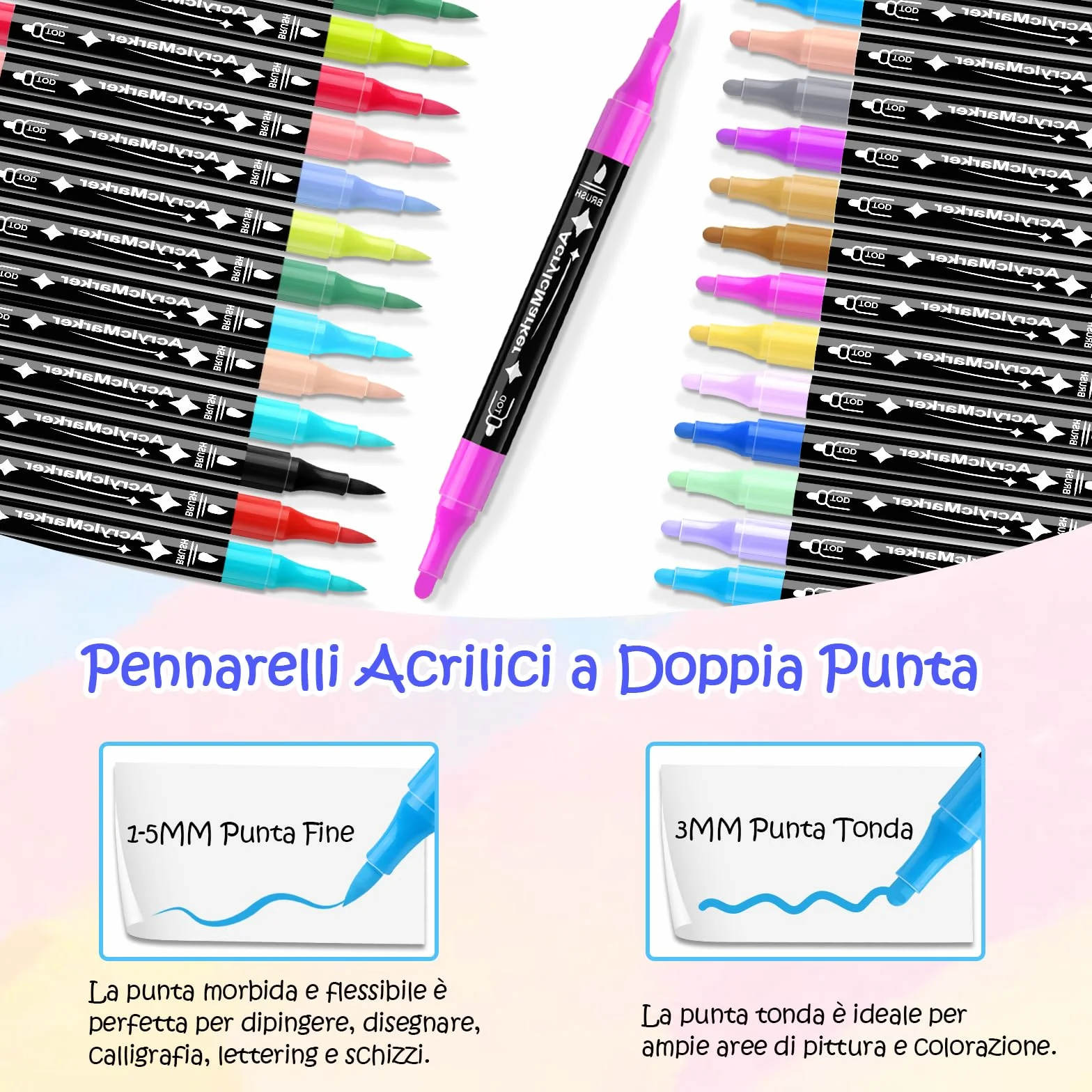 24 Colori Pennarelli Acrilici Doppia Punta,Set di Pennarelli a Punta fine e Media,Acrylic Marker Ad Acqua per Dipingere Sassi, Colorazione, Legno, Vetro, Tessuti, Pittura