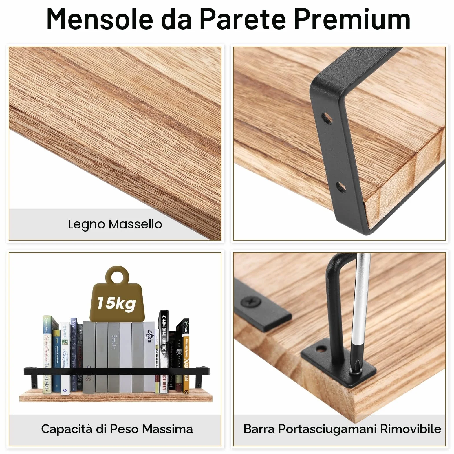 Uten Mensole da Muro Design Moderne, Set 2 Pezzi Mensole da Muro in Legno con Portasciugamani e Ganci, Mensole Sospesa da Parete Rustico per Cucina, Bagno, Salotto, Ufficio, 42 x 15 x 6,8 cm