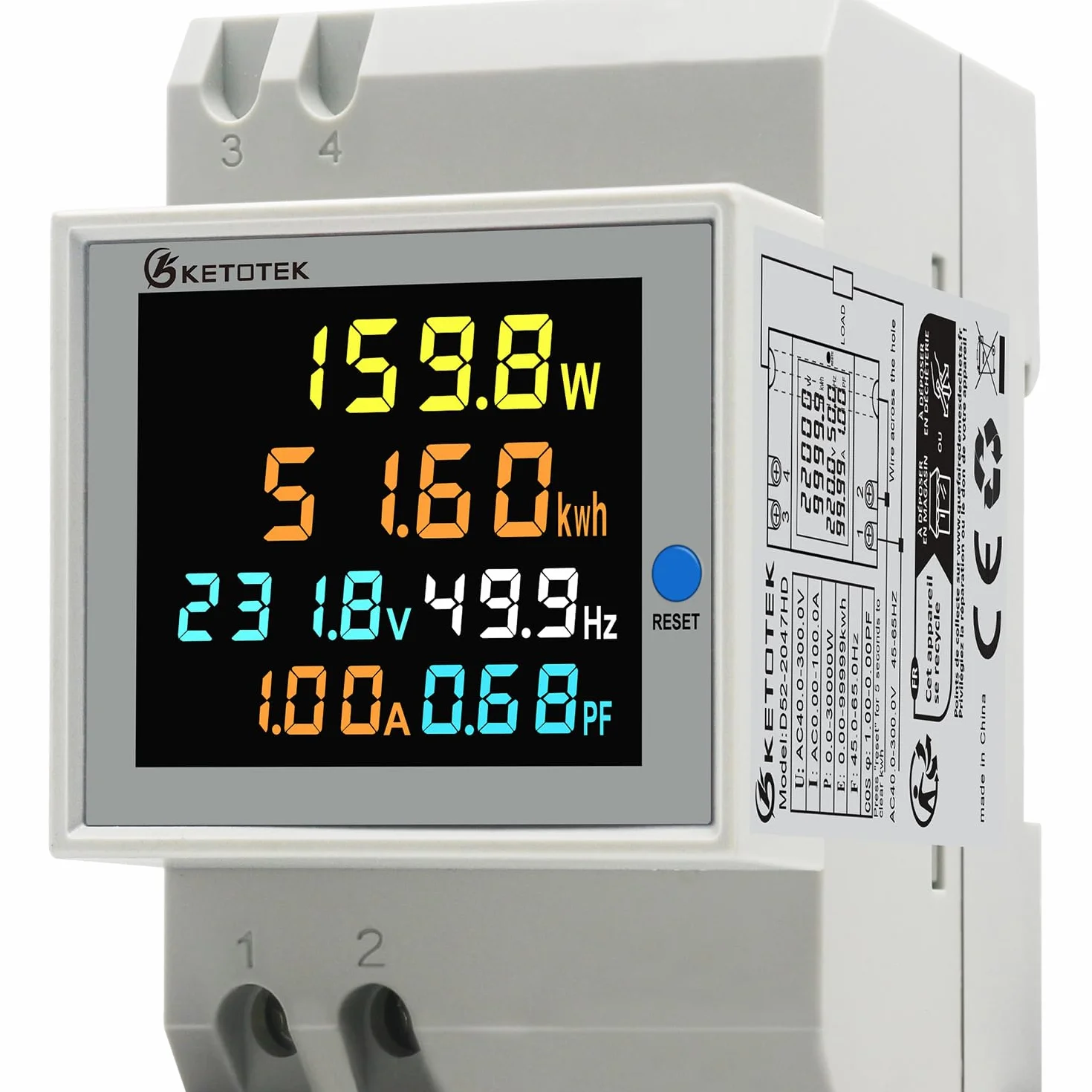 KETOTEK 6 in 1 Misuratore Contatore di Corrente Digitale AC40-300V 100A Voltmetro Amperometro Guida Din, Contatore Elettrico Monofase, Tensione Amperaggio Potenza Energia Fattore di Frequenza