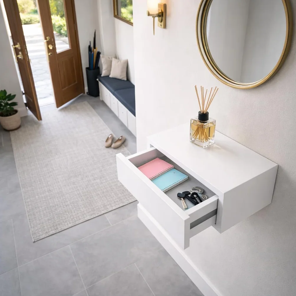 Mensola a Parete con Cassetto Integrato - in Legno, Sospeso, Design Moderno, Versatile, Salvaspazio, per Soggiorno, Ingresso, Camera da letto, Portata 5Kg - 40X24X10h CM (Bianco)