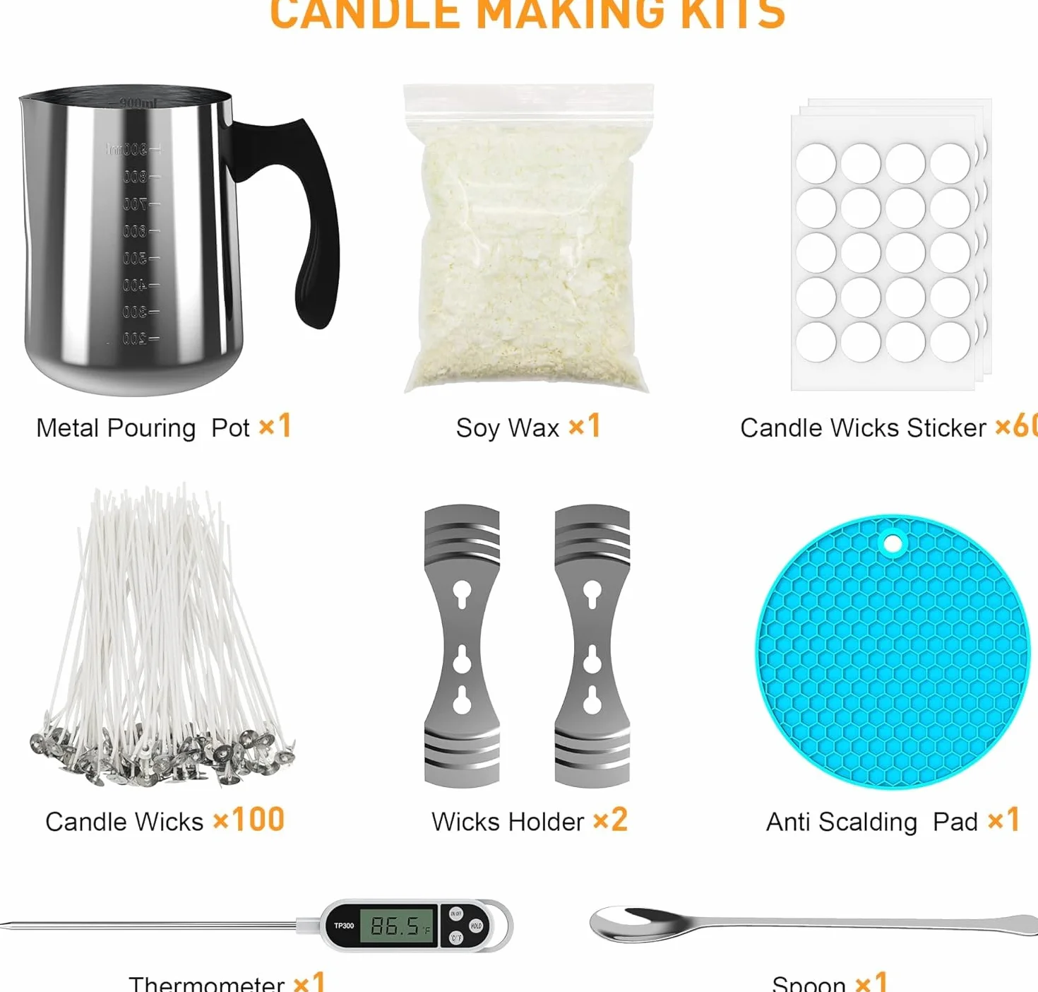 NOPWOK Kit per realizzare candele - Cera di soia DIY - Adulto - Vasetto da 900 ml - Candele adesive - Supporto per stoppino - Termometro