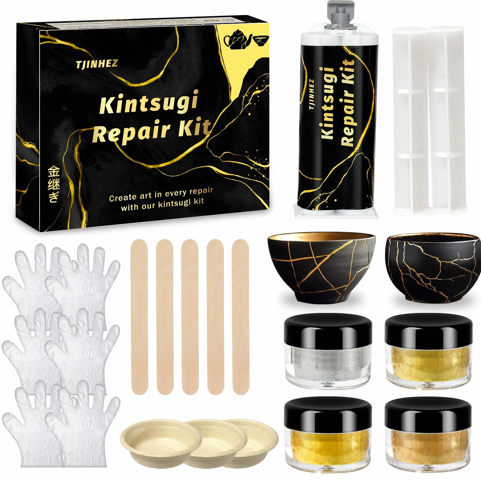 Kit di Riparazione Kintsugi 50ml - Colla Alimentare Oro per Porcellana e Ceramica | Set di Riparazione Oro Adatto per Ceramica, Porcellana, Vetro, Giada e Sculture